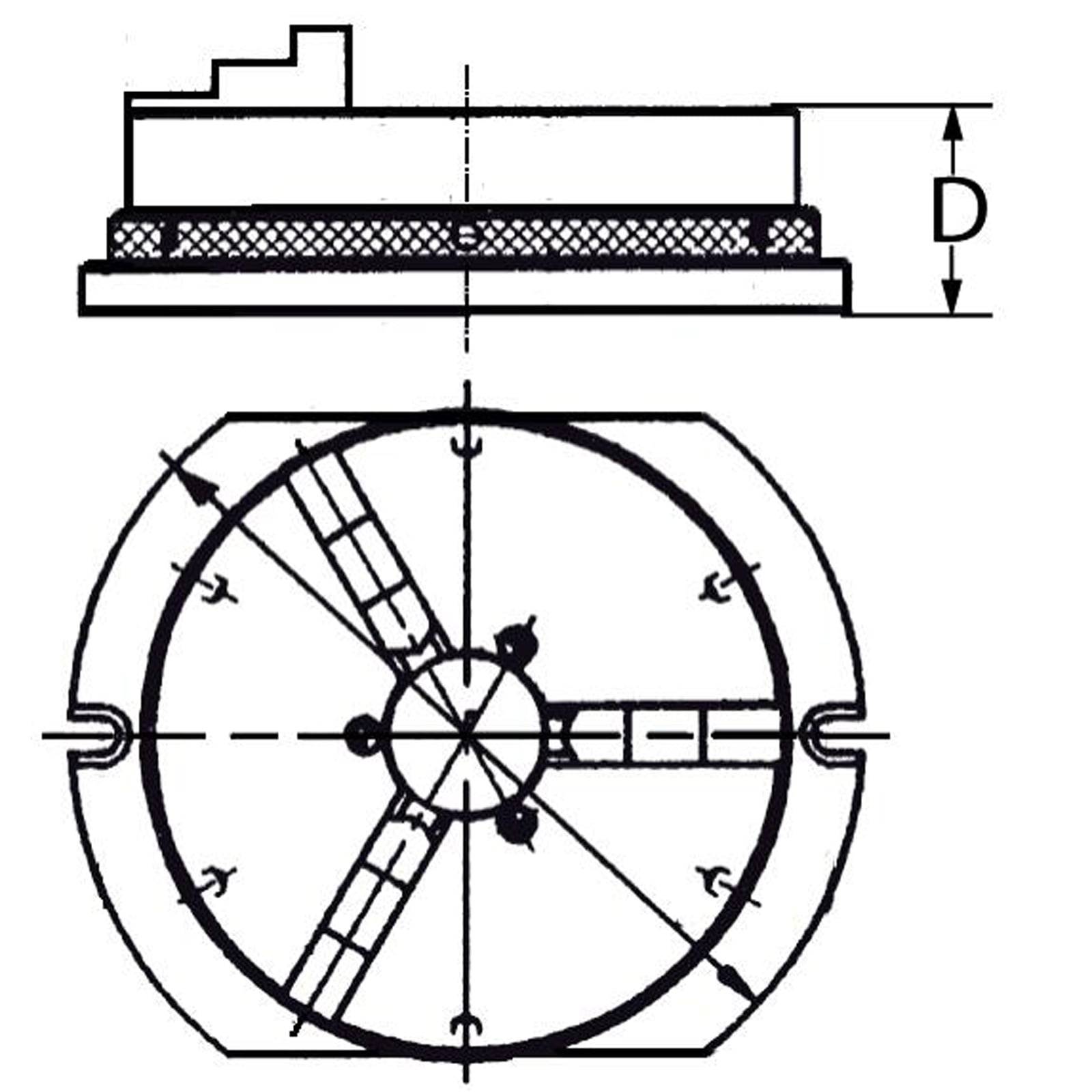 Technisches Diagramm eines kreisförmigen mechanischen Bauteils mit mehreren Schaufeln. Die Draufsicht zeigt vier Arme, die vom Mittelpunkt ausgehen. Die Seitenansicht zeigt eine geschichtete Struktur mit der Höhe gekennzeichnet als D.