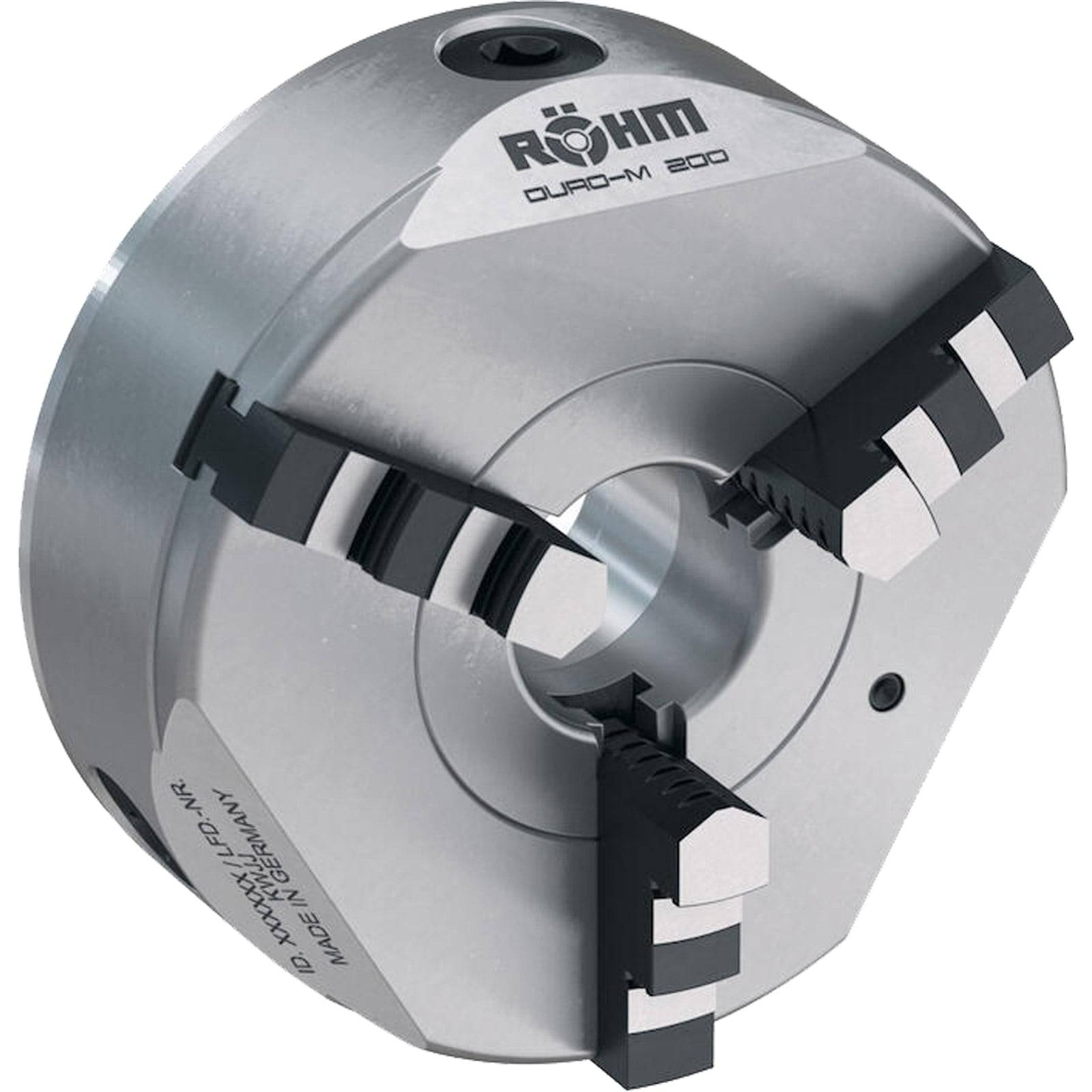 Eine Drehmaschinen-Spannfutter mit drei Backen, bezeichnet mit „Röhm DURO-M 200