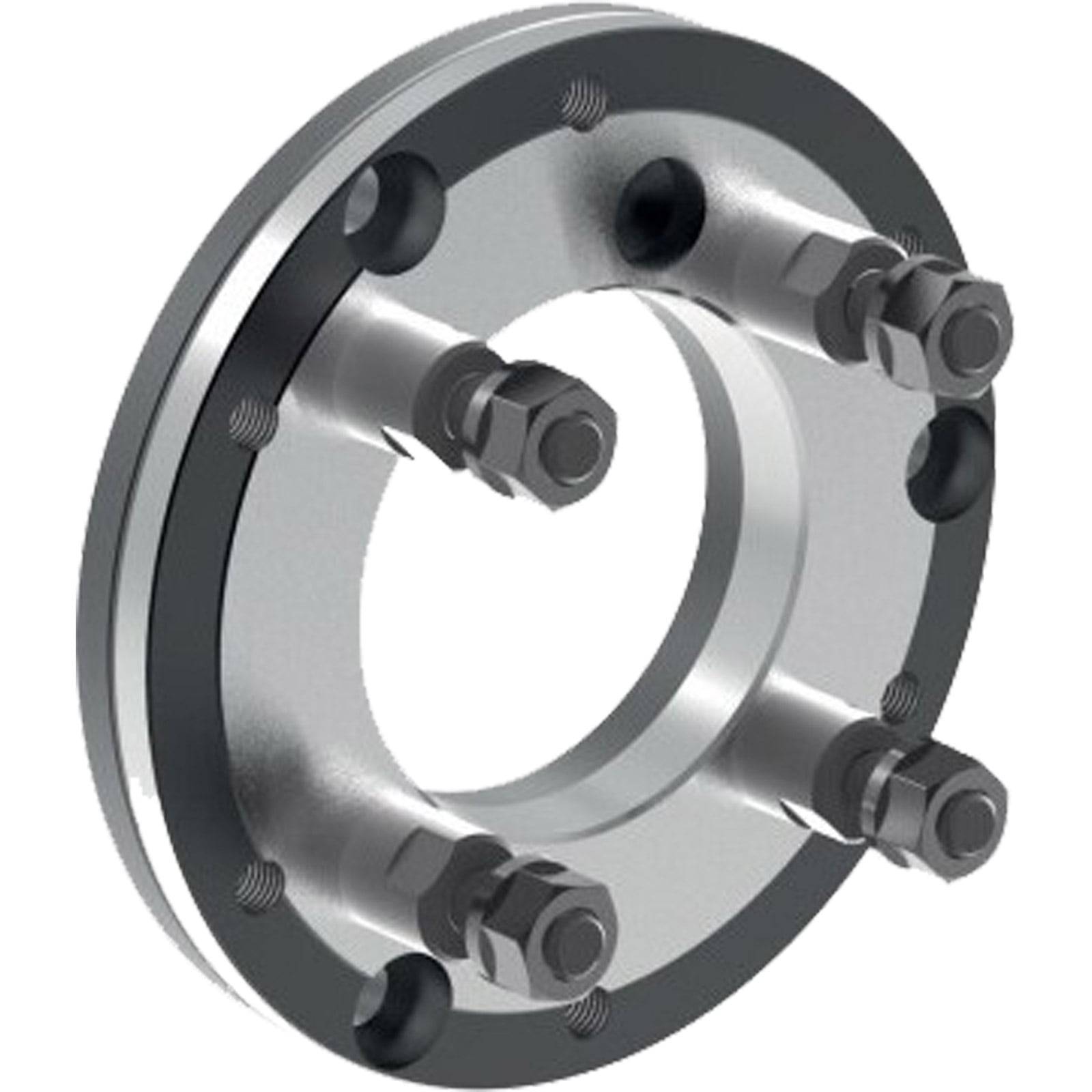 Ein Metallflansch mit vier gleichmäßig um das Zentralloch verteilten Bolzen, der zum Verbinden von Rohren verwendet wird und sein Design und seine Struktur zeigt.