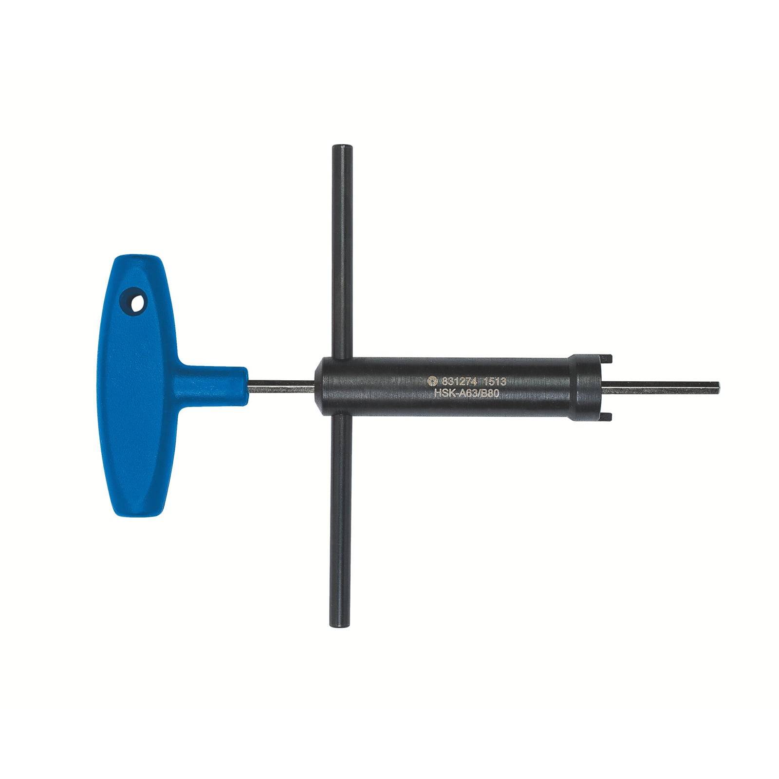 Ein T-förmiges Handwerkzeug mit blauem Griff und schwarzem Metallschaft, das zum Anziehen oder Lockern von Mechanismen in mechanischen Geräten verwendet wird.