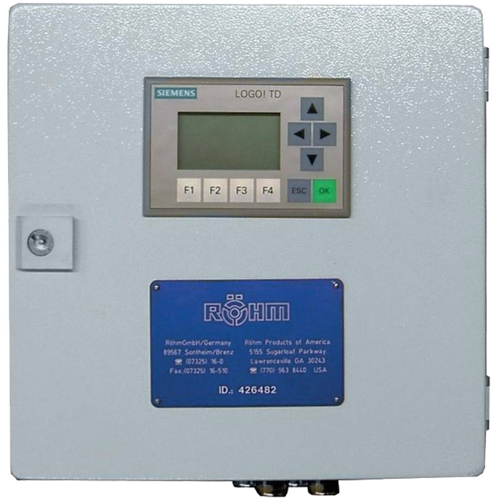 Siemens LOGO! TD Bedienfeld mit den Tasten F1-F4, ESC und OK, auf einer grauen Box mit blauem Röhm-Etikett und der ID: 426482 montiert.