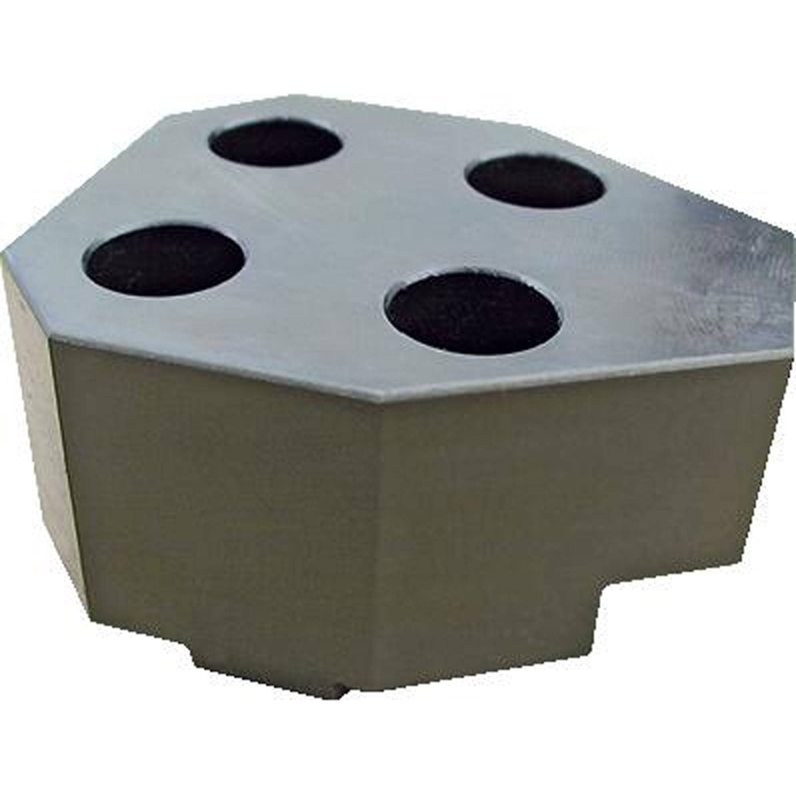 Ein hexagonales schwarzes Objekt mit vier kreisförmigen Löchern oben, das zum Halten von Gegenständen wie Kerzen oder kleinen Behältern verwendet wird.