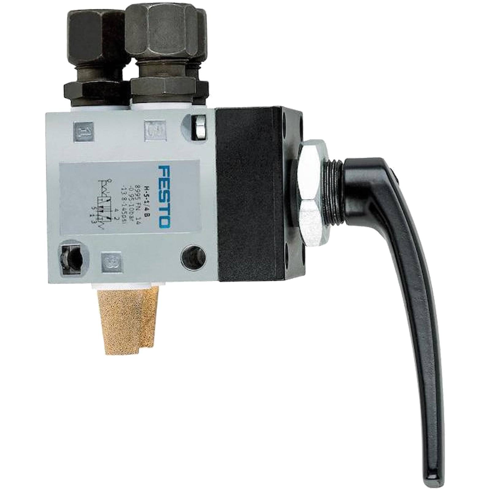 Festo Pneumatikventil mit Hebelbetätigung, Messingfilter und dualen Anschlüssen oben, verwendet zur Regelung des Luftstroms in Maschinen.
