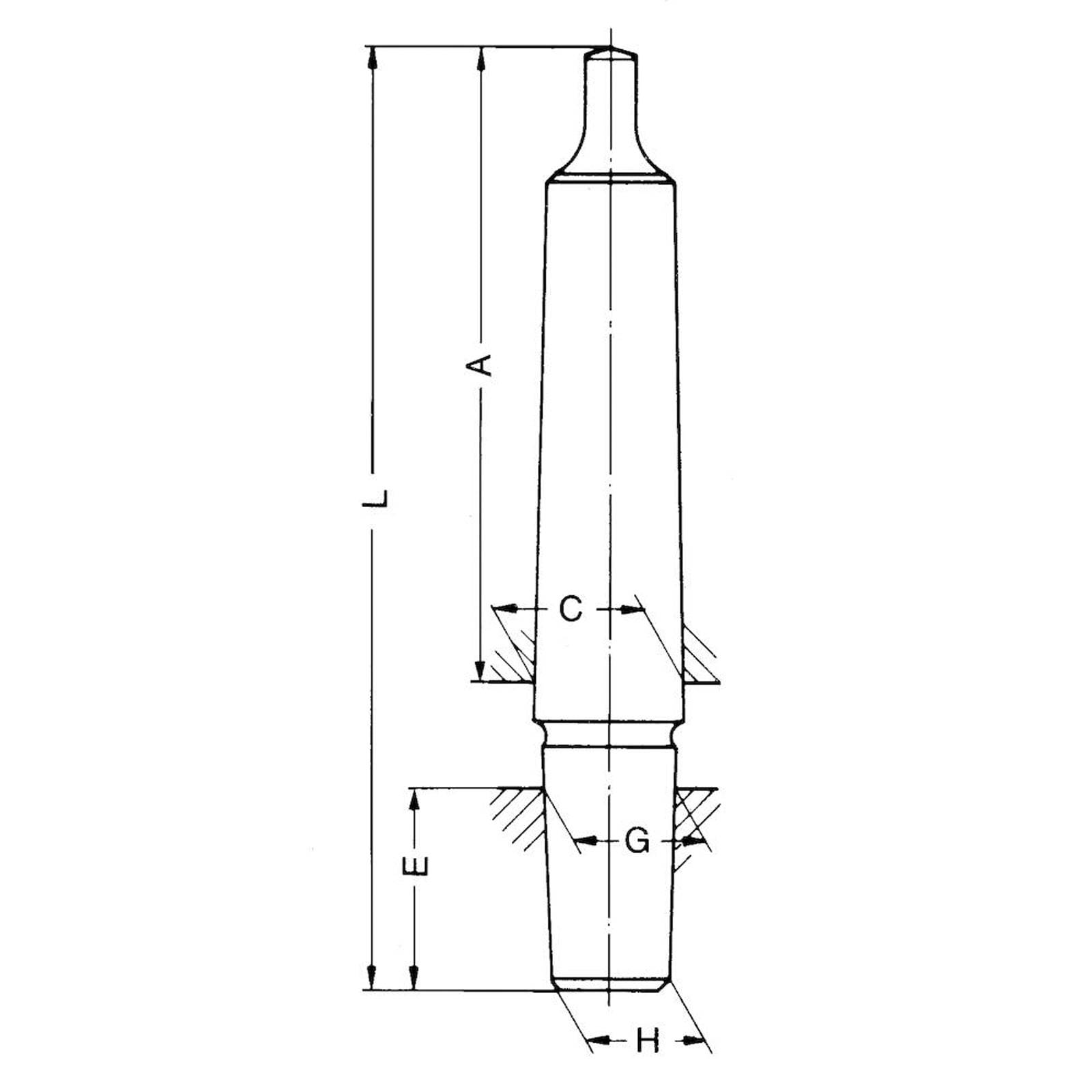 Diagramm, das ein sich verjüngendes zylindrisches Objekt mit gekennzeichneten Abmessungen zeigt: L, A, C, E, G und H, die verschiedene Längen und Durchmesser angeben.