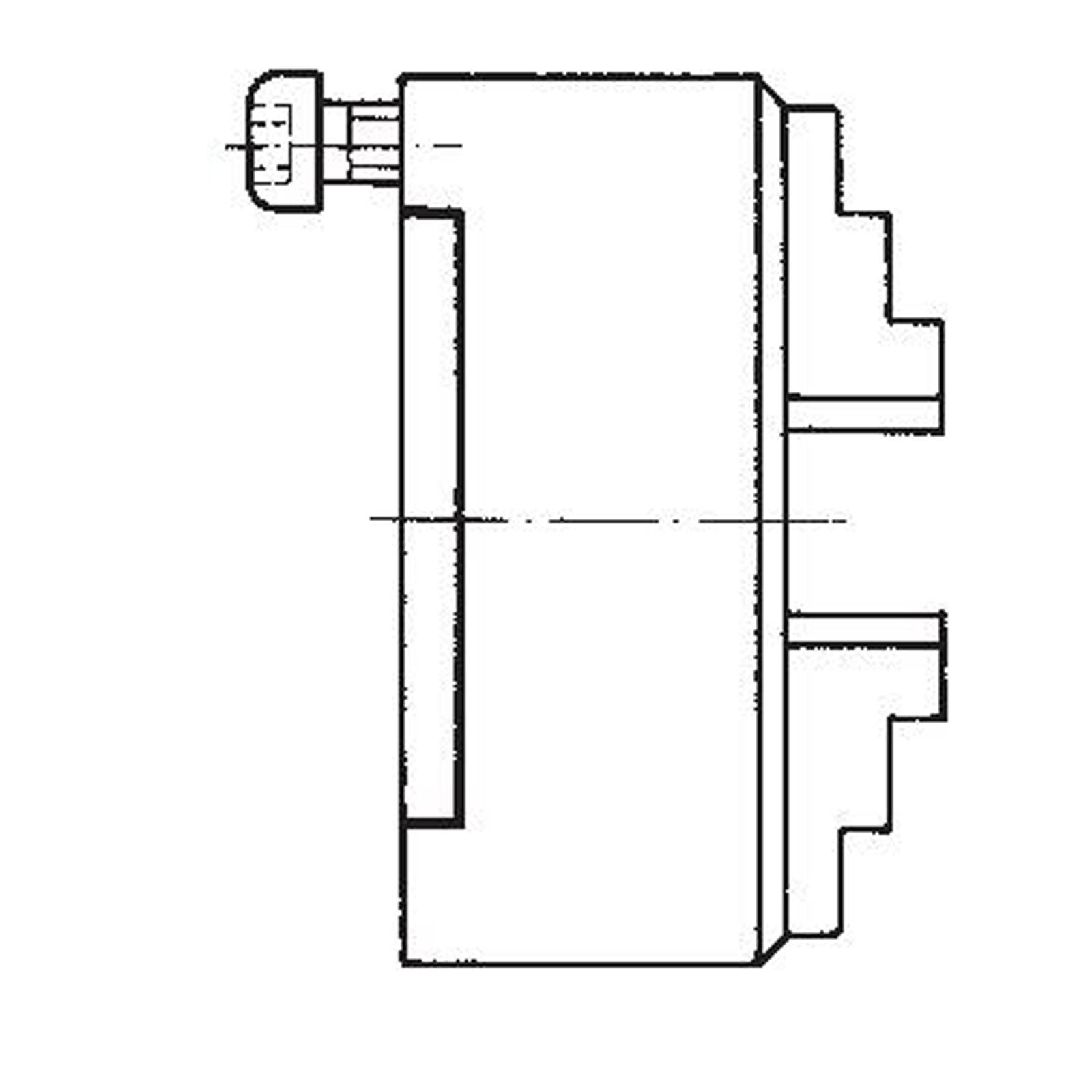 Eine technische Zeichnung einer mechanischen Komponente mit präzisen Linien und Abmessungen, die eine Seitenansicht und Details von Montageteilen zeigt.