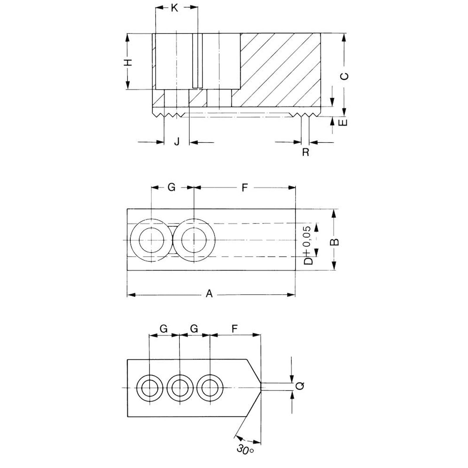 Mechanische Zeichnung mit drei Schnittansichten einer Komponente mit Dimensionen, die mit Buchstaben wie I, J, K und Winkeln gekennzeichnet sind.