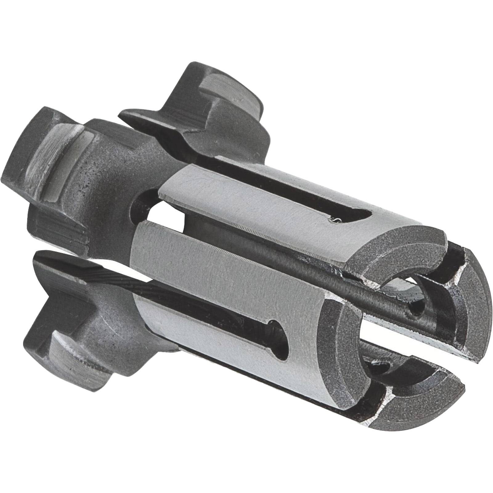 Ein Metallmündungsfeuerdämpfer, der zur Befestigung an der Mündung einer Schusswaffe ausgelegt ist und mehrere Schlitze sowie abgewinkelte Flächen zum Verringern des Rückstoßes und der Mündungsblitze aufweist.
