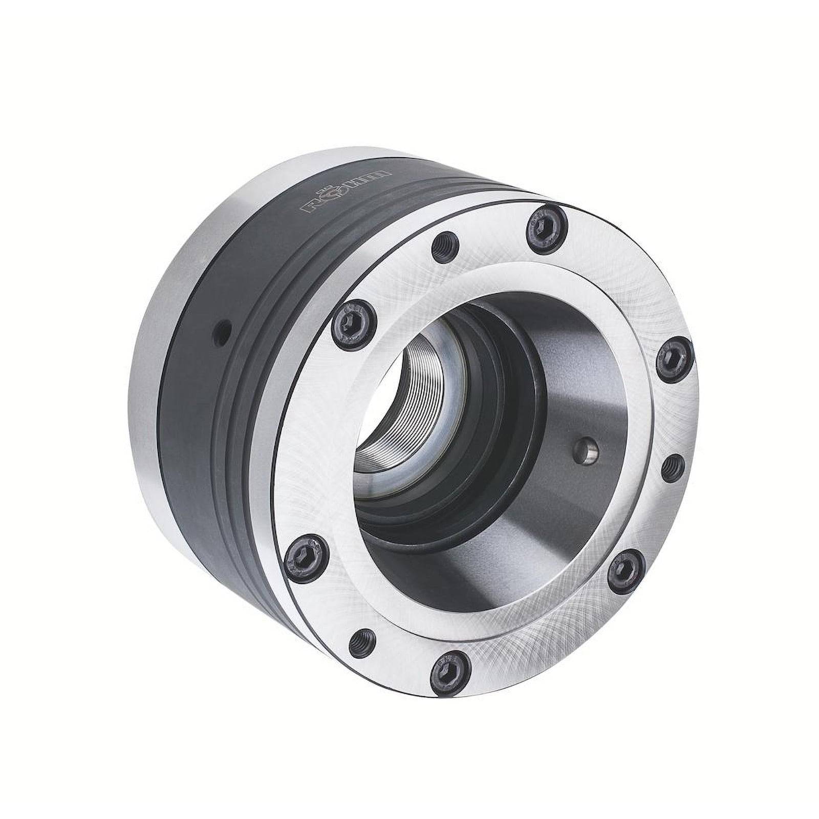 Mechanisches Bauteil, zylindrisches Metallteil mit mehreren Schrauben und Nuten, wird in Bearbeitungs- oder Engineeringabwendungen verwendet.