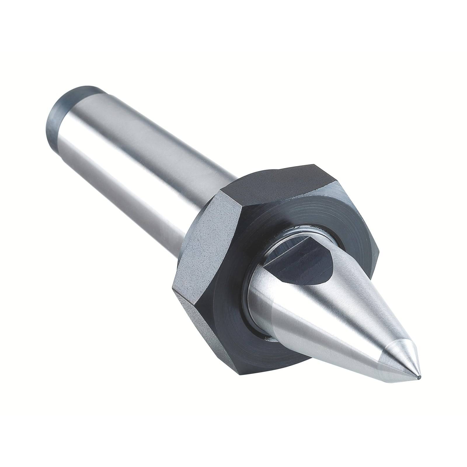 Ein Drehmaschinen-Spitzenzentrum, das eine spitze Metallspitze und einen zylindrischen Körper aufweist und zum Unterstützen von Werkstücken während der Bearbeitungsprozesse verwendet wird.