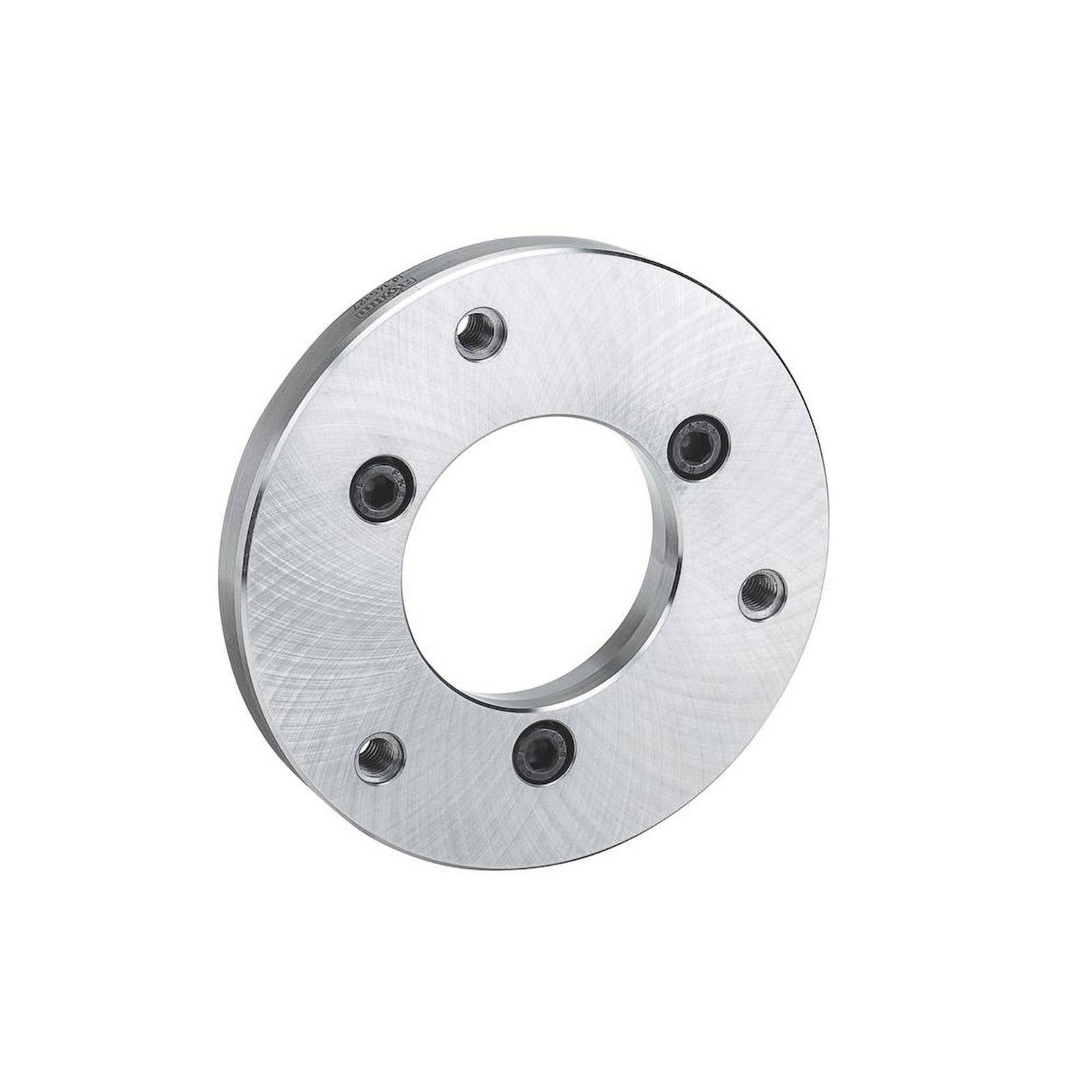 Ein kreisförmiger Metallflansch mit einem zentralen Loch und fünf gleichmäßig verteilten Schraubenlöchern rund um den Umfang, verwendet für mechanische Anwendungen.