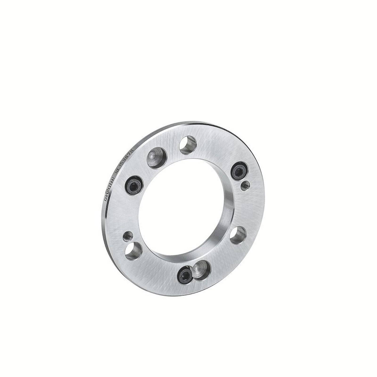 Eine silberfarbene Metallkomponente mit kreisförmiger Form, mehreren Löchern und Schrauben, die für mechanische Montage verwendet wird.