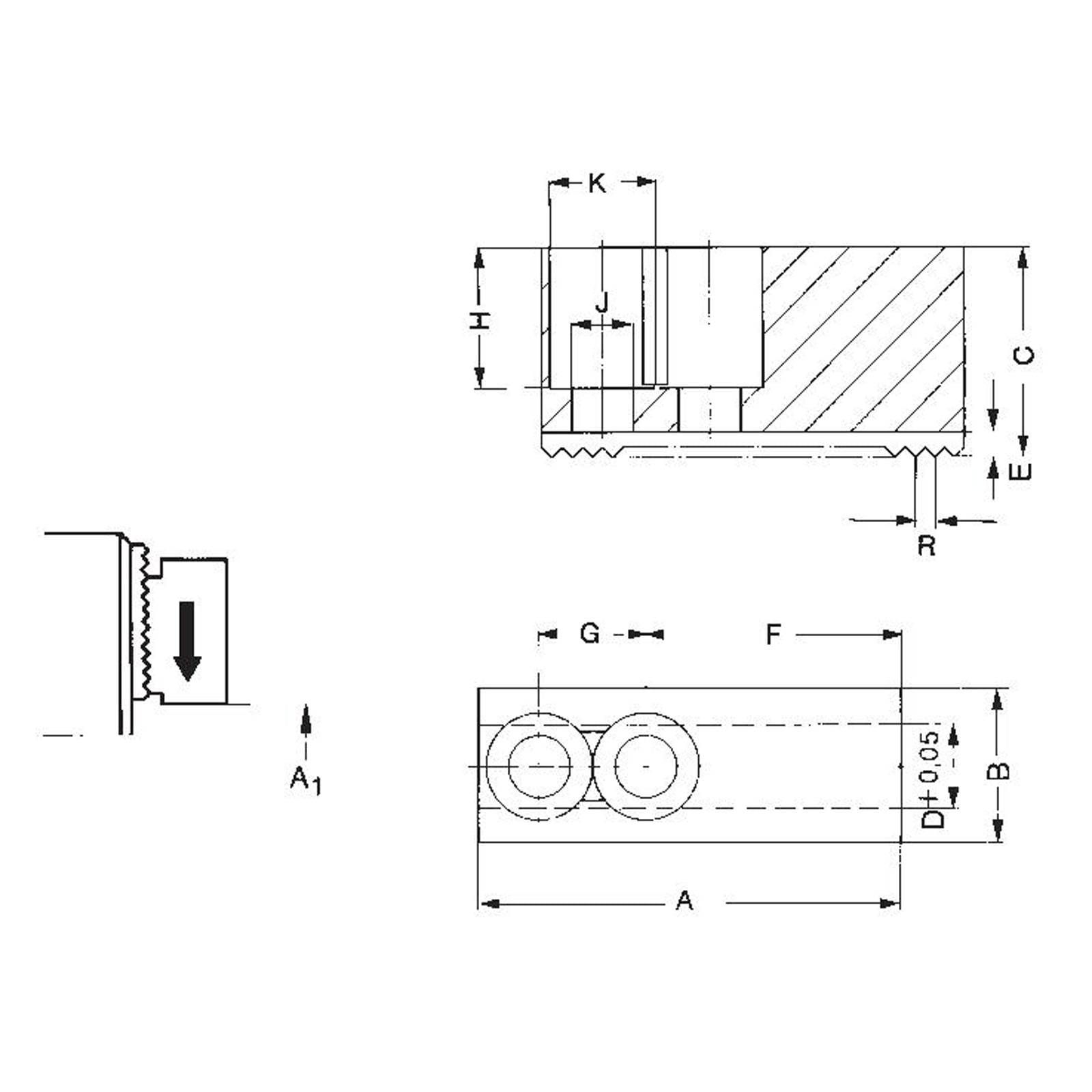 Maschinenkomponentendiagramm mit Abmessungen und technischen Markierungen, das die Messungen A, B, F, G, K und R hervorhebt.
