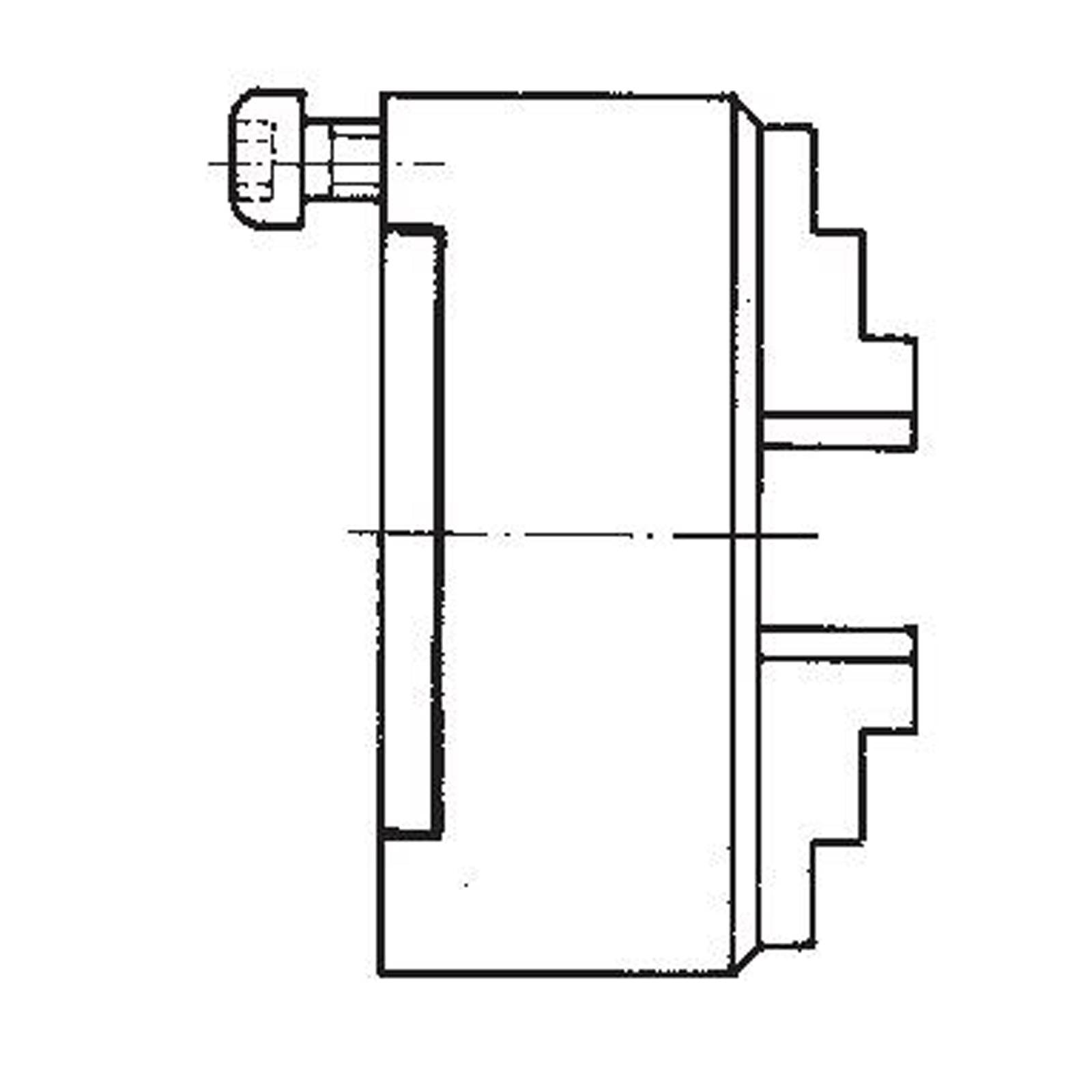 Technisches Diagramm eines Maschinenteils mit zylindrischem Körper, seitlichen Vorsprüngen und einer Schraube oben, möglicherweise für eine Maschinenkomponente.