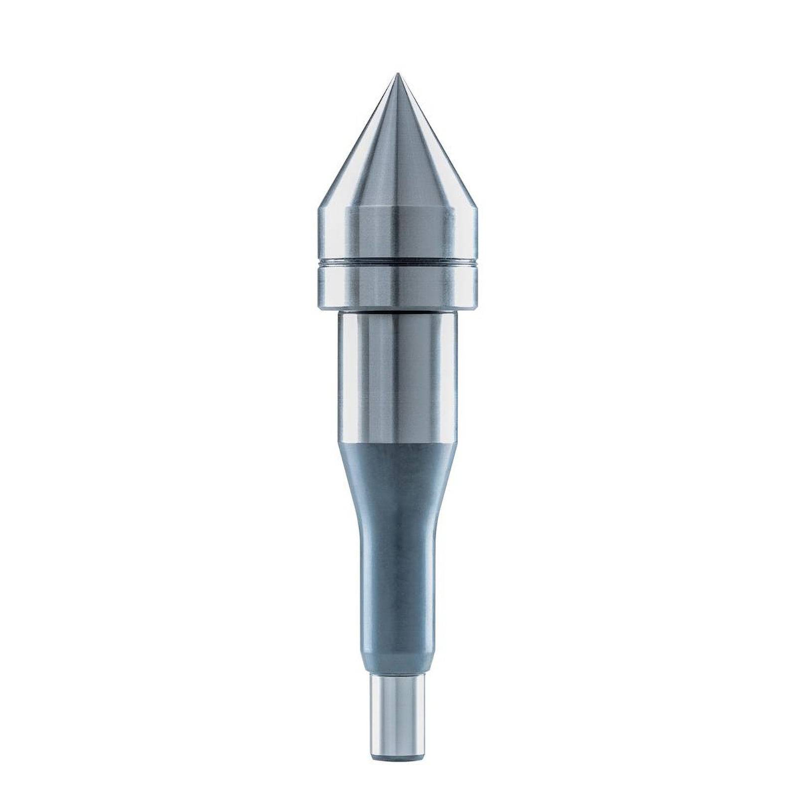 Ein metallisches, kegelförmiges Werkzeug, das einer Körnerspitze ähnelt, das in der Bearbeitung zum Abstützen von Werkstücken in einer Drehmaschine verwendet wird, vor einem weißen Hintergrund.