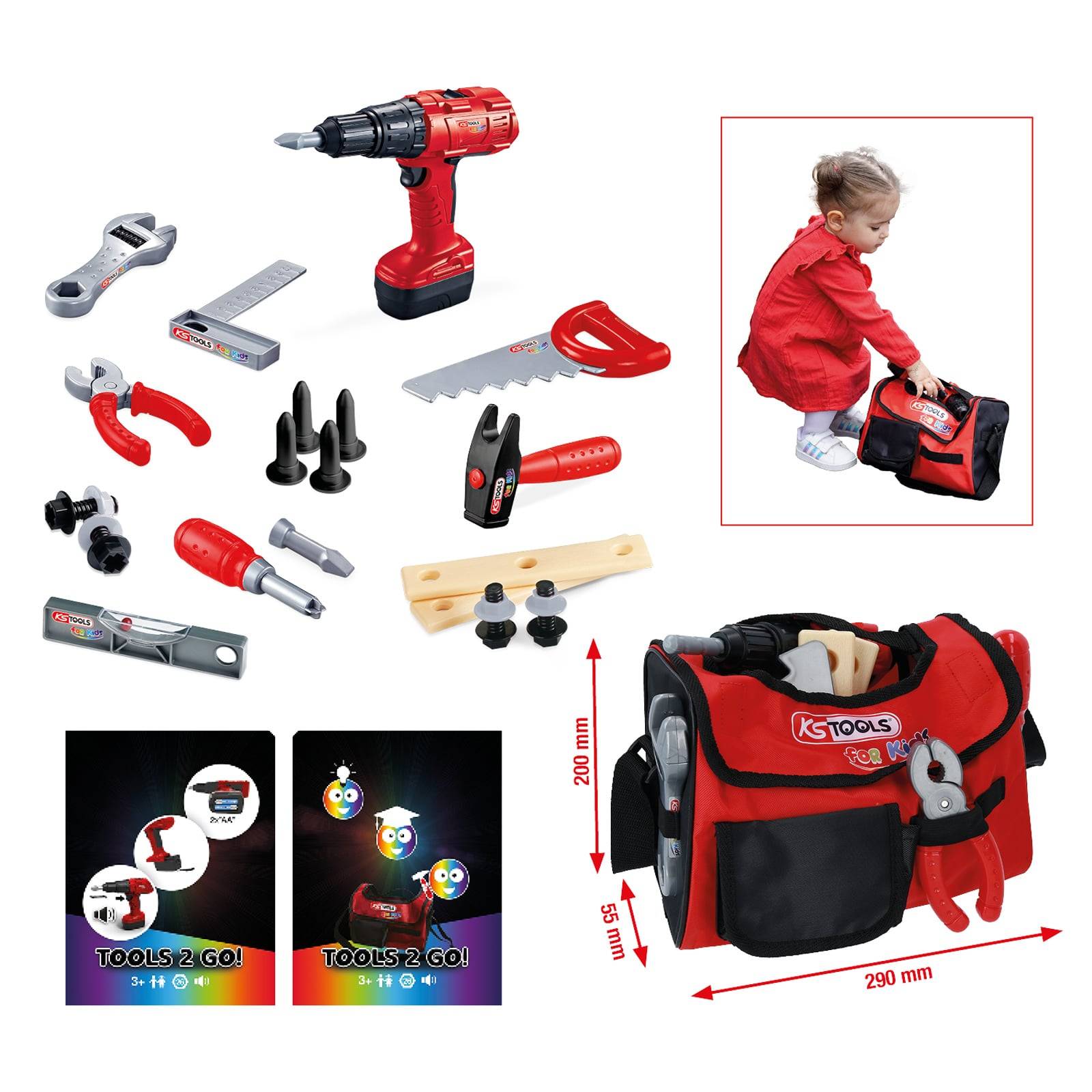 Kinderwerkzeugset: Spielzeugbohrmaschine, Säge, Schraubenschlüssel, Zange, Muttern, Schrauben und eine rote Werkzeugtasche. Ein Kind in Rot spielt mit dem Set.