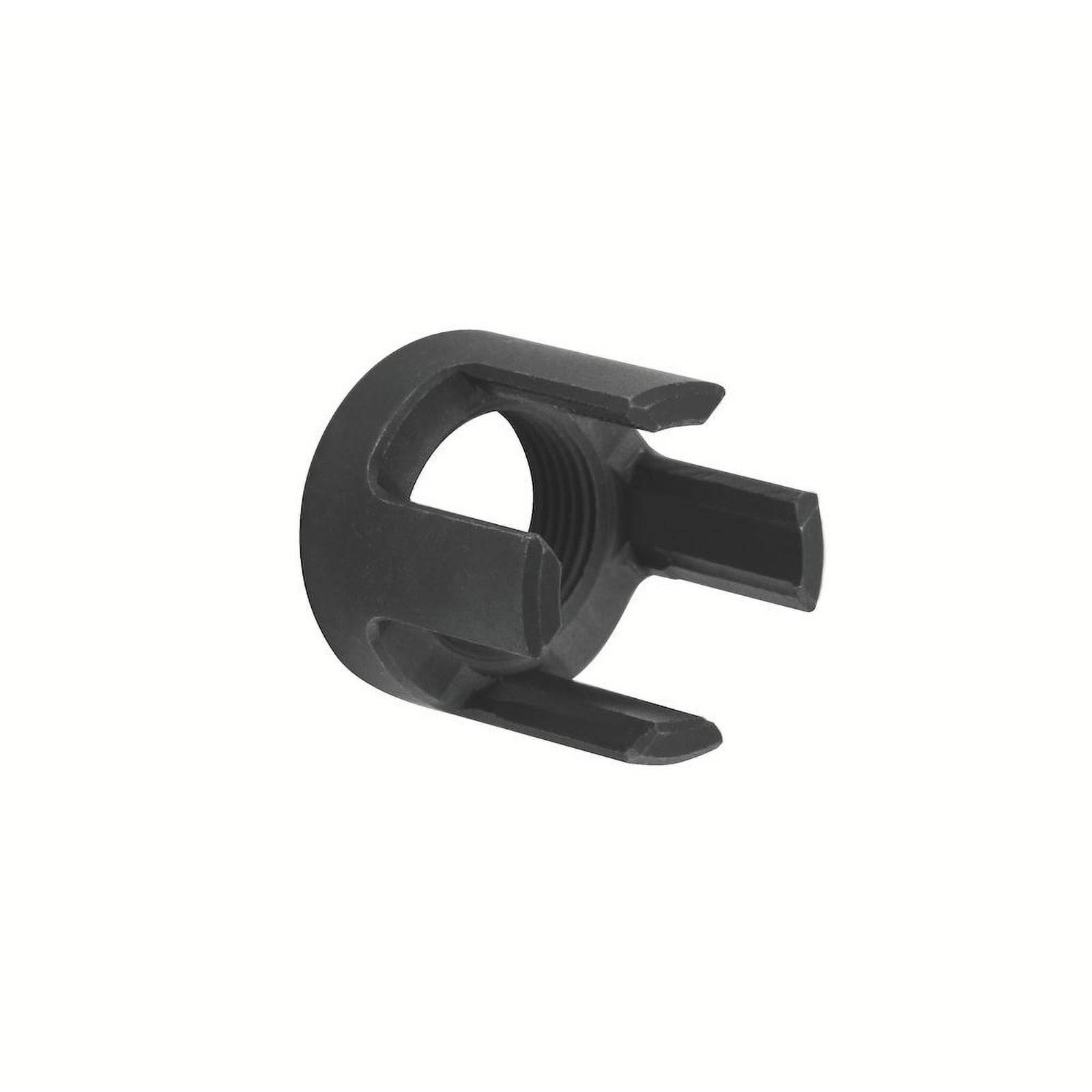 Eine schwarze U-förmige Metallklemme mit einem Gewindeloch in der Mitte, entwickelt zum Sichern oder Verbinden von zylindrischen Objekten.