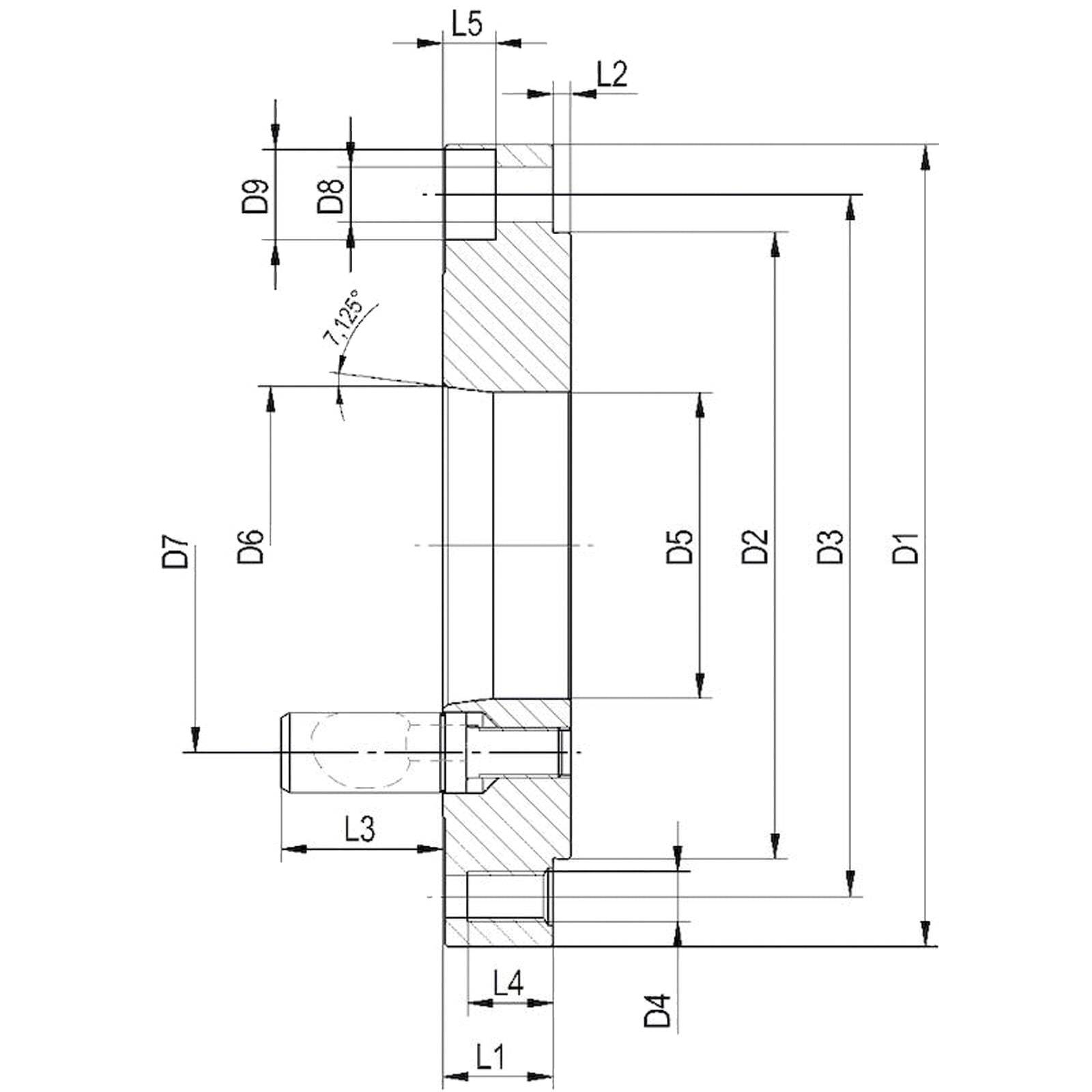 Ein technisches Diagramm einer mechanischen Komponente mit mehreren gekennzeichneten Abmessungen, einschließlich D1 bis D9 und L1 bis L5, die Messungen anzeigen.