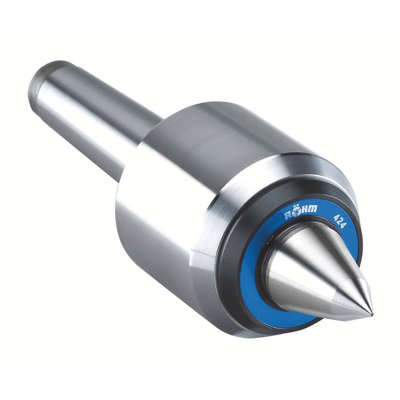 Ein poliertes Metalldrehmaschinen-Spitzenwerkzeug mit konischer Spitze, das einen blauen Ring in der Nähe der Spitze aufweist.