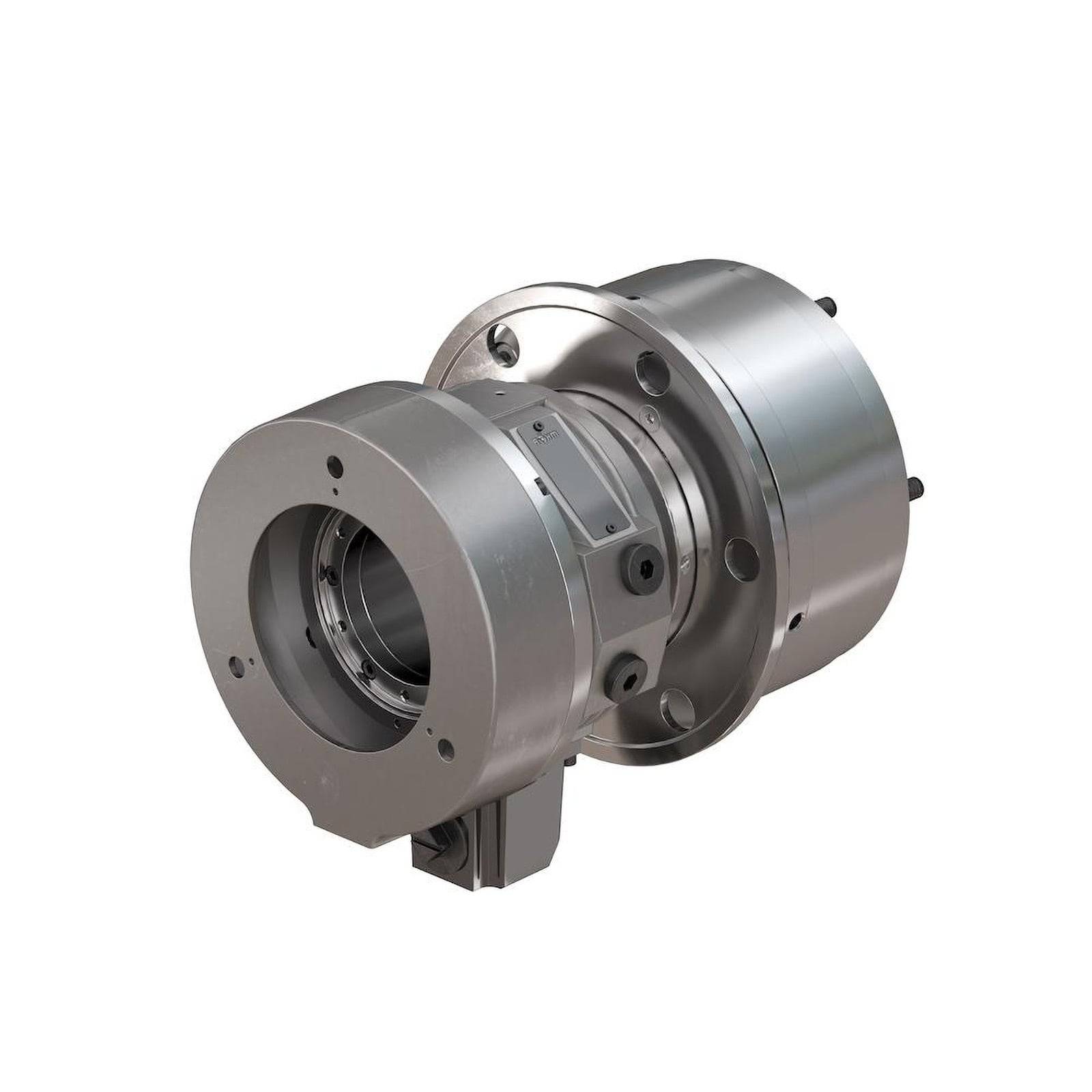 Ein metallisches industrielles mechanisches Bauteil, möglicherweise eine Kupplung oder ein Adapter, der in Maschinen oder technischen Anwendungen verwendet wird.
