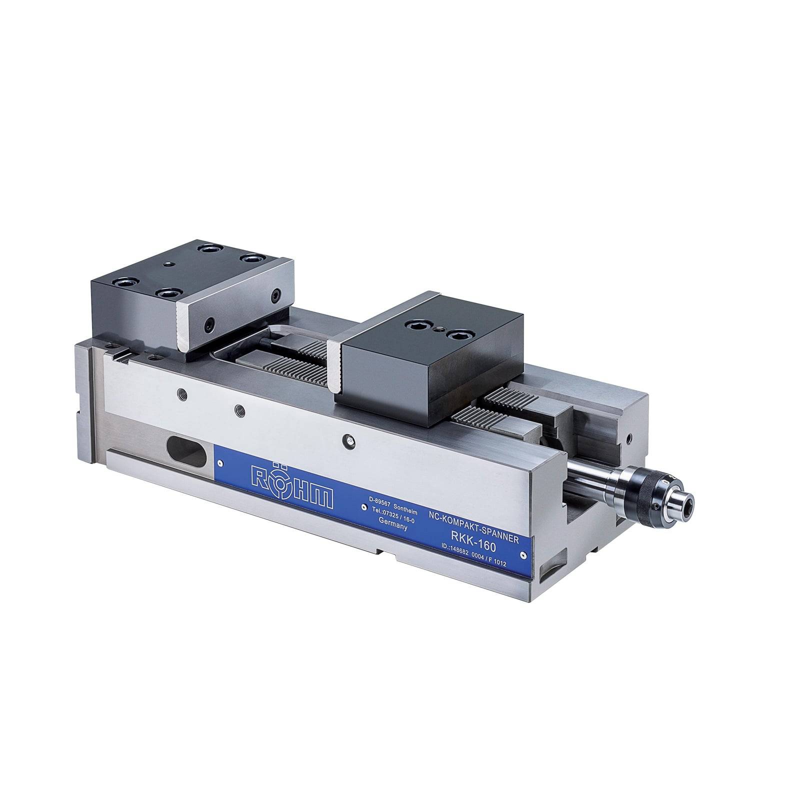 Ein Metall-Schraubstock mit verstellbaren Backen, gekennzeichnet mit 'ROHM RKK-160,' zum Sichern von Objekten bei Bearbeitungsaufgaben.