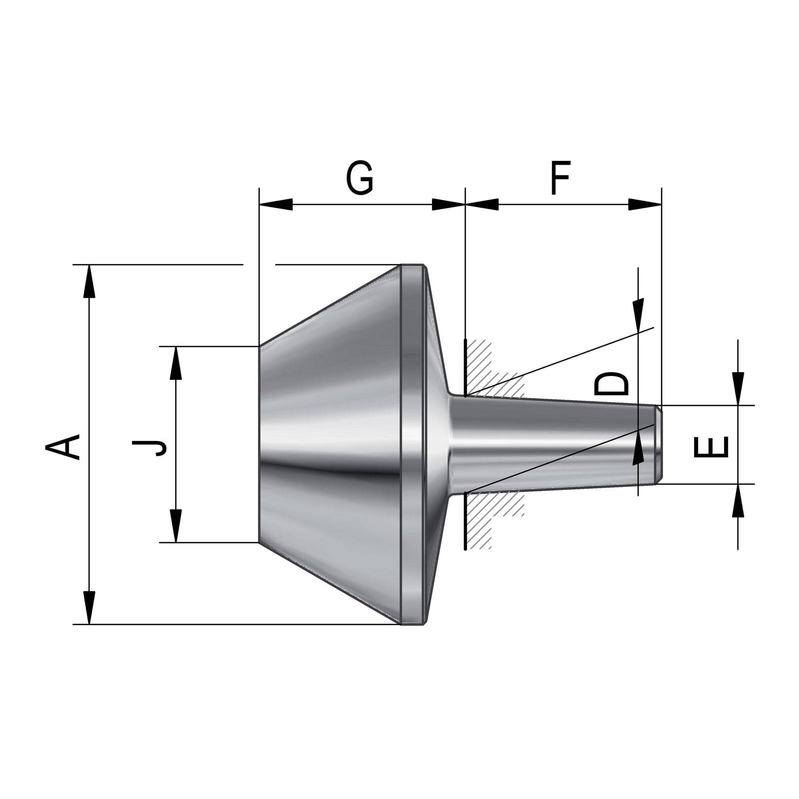 Technisches Diagramm einer konischen Komponente mit beschrifteten Abmessungen: A, D, E, F, G und J, die verschiedene Längen und Winkel angeben.