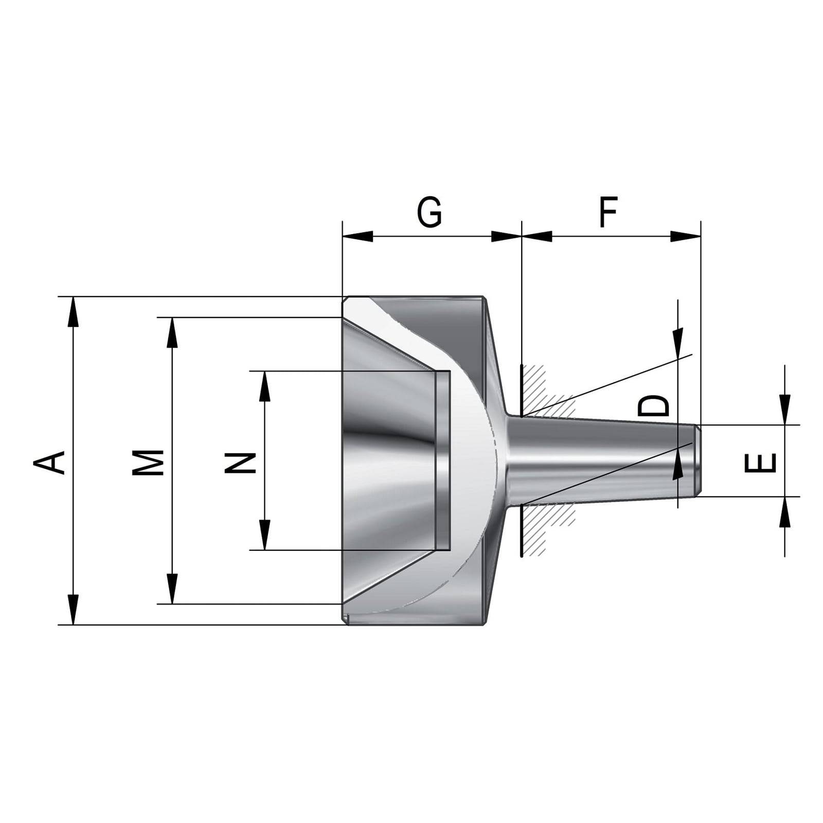 Technische Zeichnung eines Metallteils mit beschrifteten Abmessungen A, M, N, G, F, D und E, die eine konische Form mit einer zylindrischen Verlängerung darstellt.