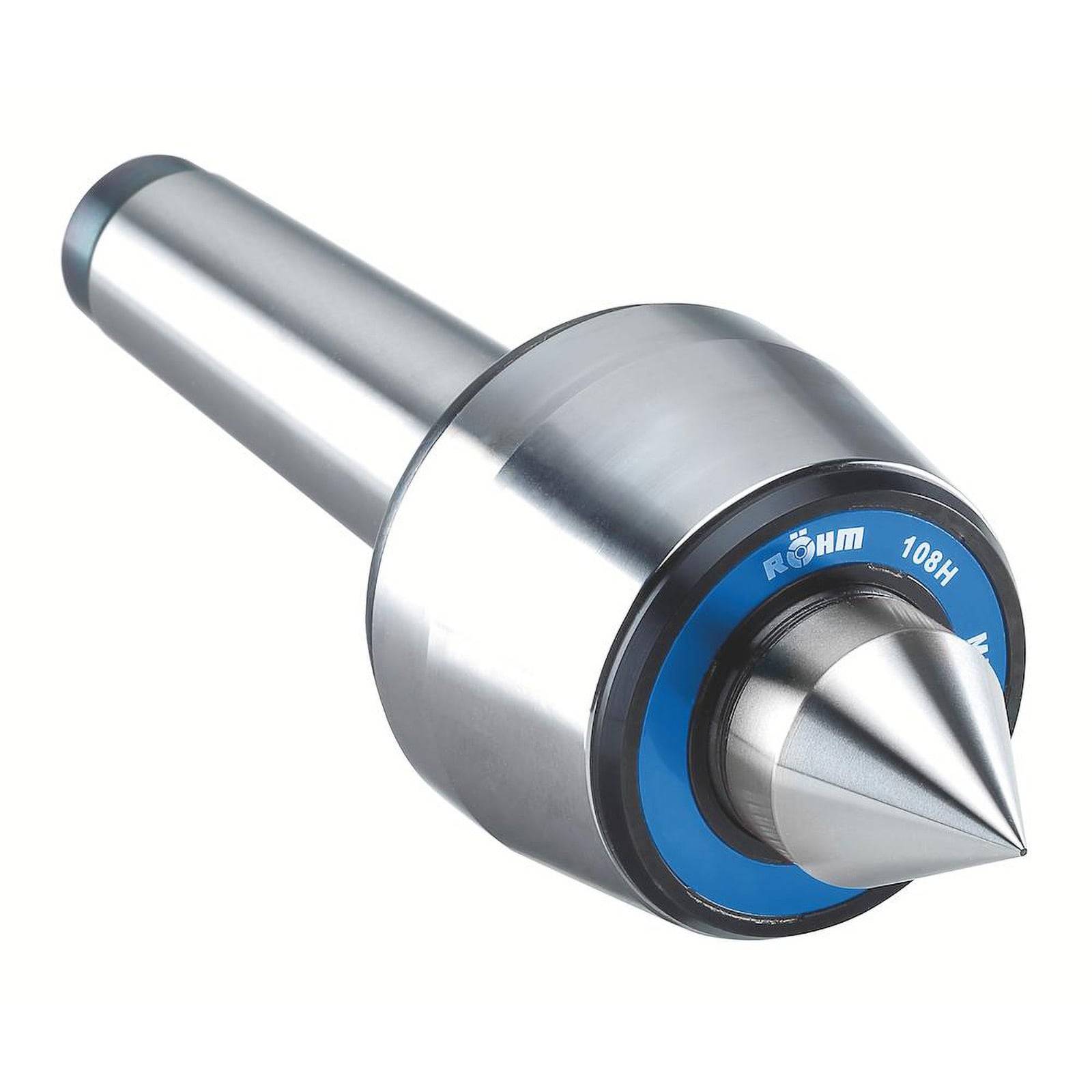 Ein glänzendes Metallspitzenlager mit spitzer Spitze und einem blauen Band um die Basis. Entwickelt für präzise Rotation in einer Drehmaschine oder einem Werkzeugmaschinenschleifer.