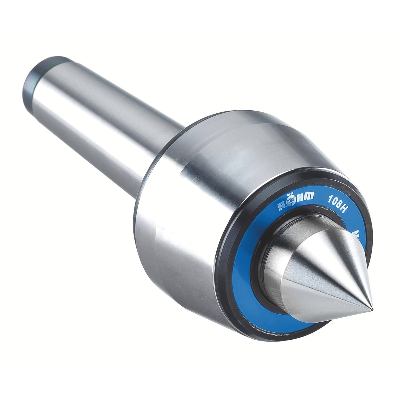 Ein Metalldrehmaschinen-Werkzeug mit spitzer Spitze, das zum Halten und Drehen von Werkstücken beim Zerspanen verwendet wird. Das Werkzeug ist silberfarben mit einem blauen Ring.