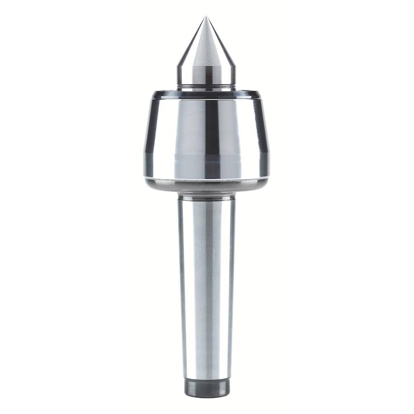 Ein silbernes Metallspitzenzentrum-Werkzeug mit einer spitzen Spitze und einem zylindrischen Körper, das bei der Bearbeitung zur Unterstützung eines Werkstücks in einer Drehmaschine verwendet wird.