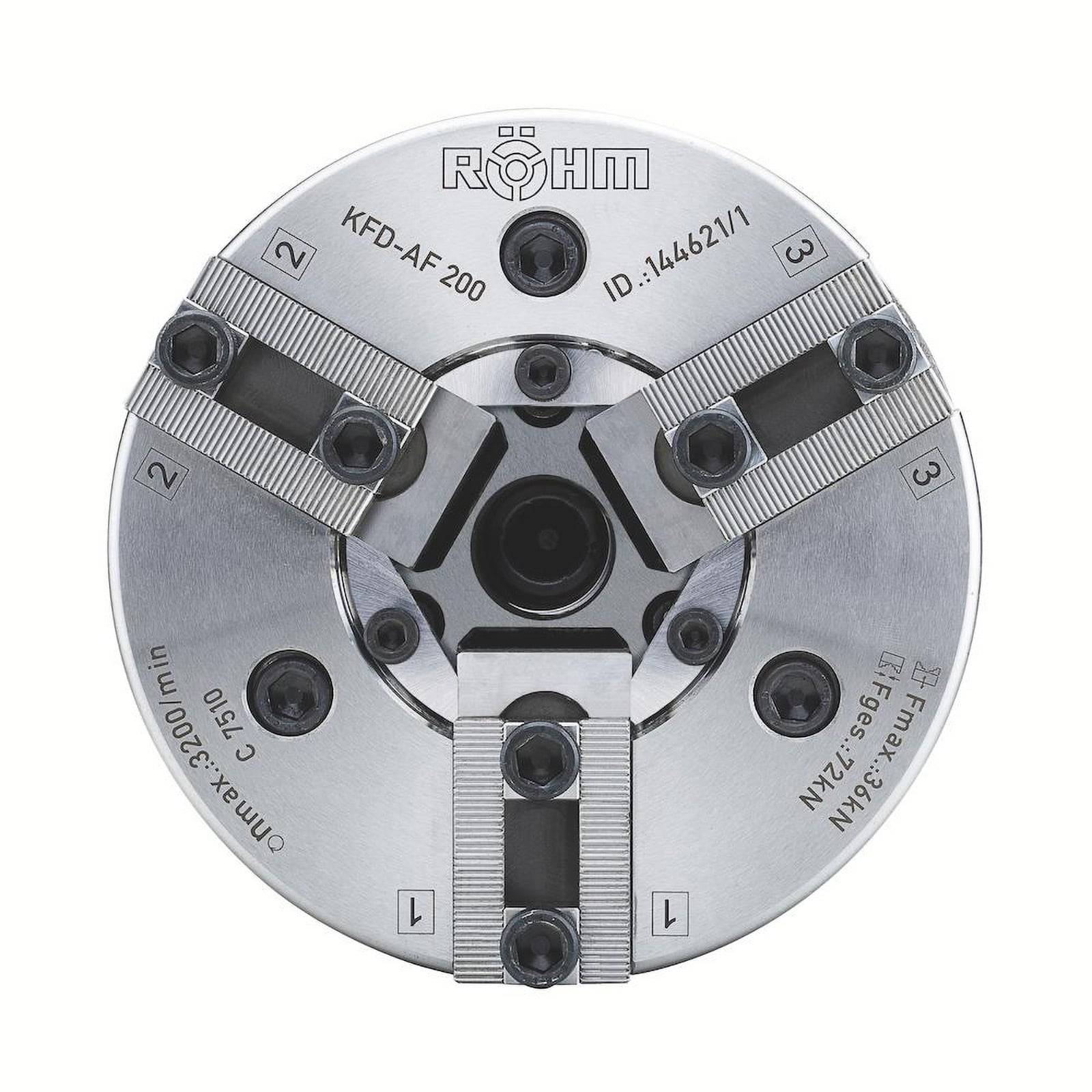 Ein Metallspannfutter mit verstellbaren Backen, beschriftet von 1 bis 3, gekennzeichnet als „RÖHM KFD-AF 200