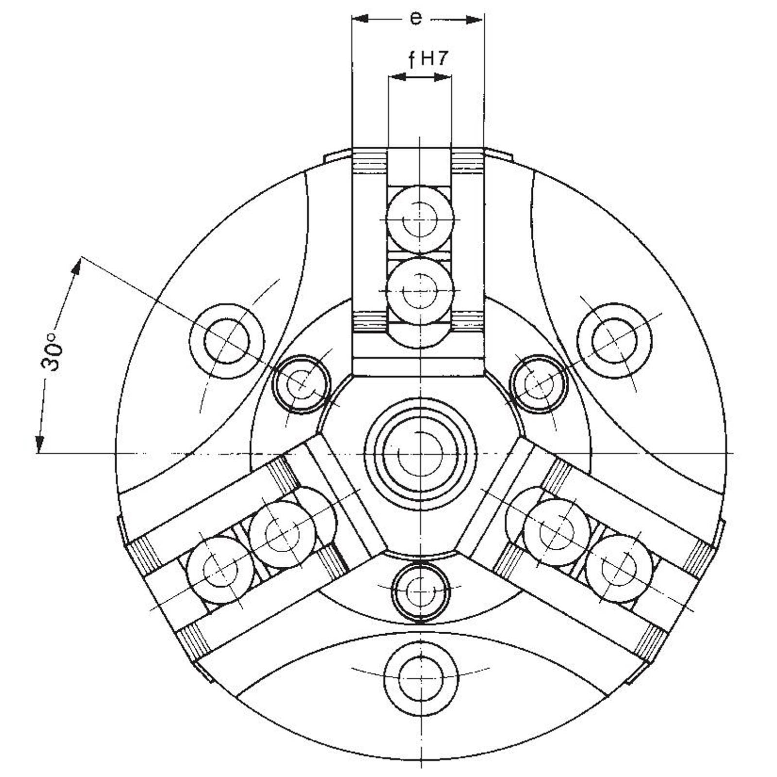 Technische Zeichnung einer mechanischen Komponente mit kreisförmiger Ausführung, mit mehreren Bohrungen und Winkeln, beschriftet mit Abmessungen wie „f H7