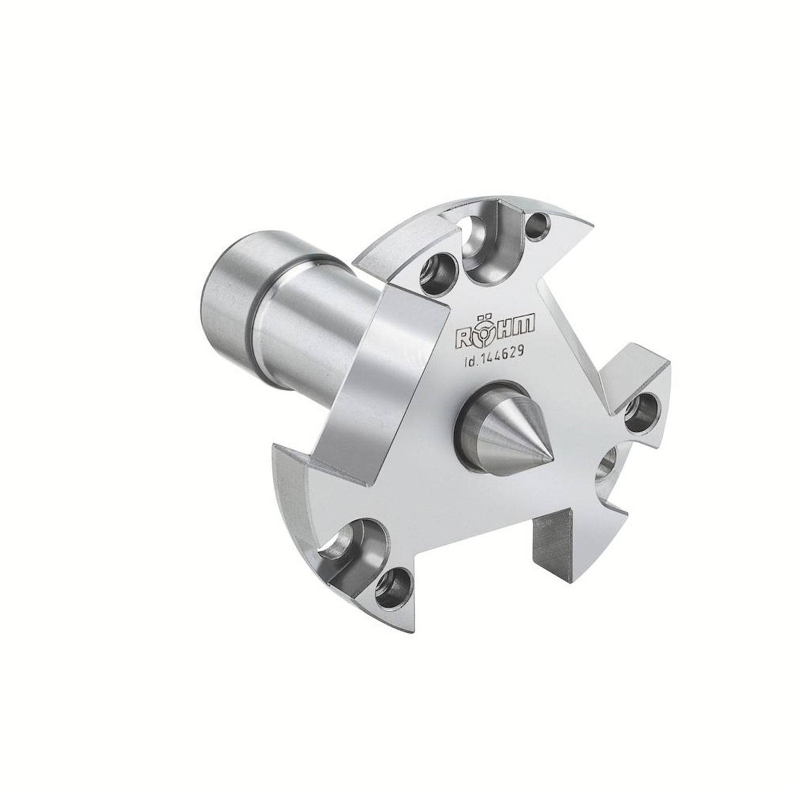 Ein silbernes mechanisches Bauteil mit mehreren Löchern und einer zentralen spitzen Komponente, möglicherweise zur Verwendung in Maschinen- oder Ingenieursanwendungen.
