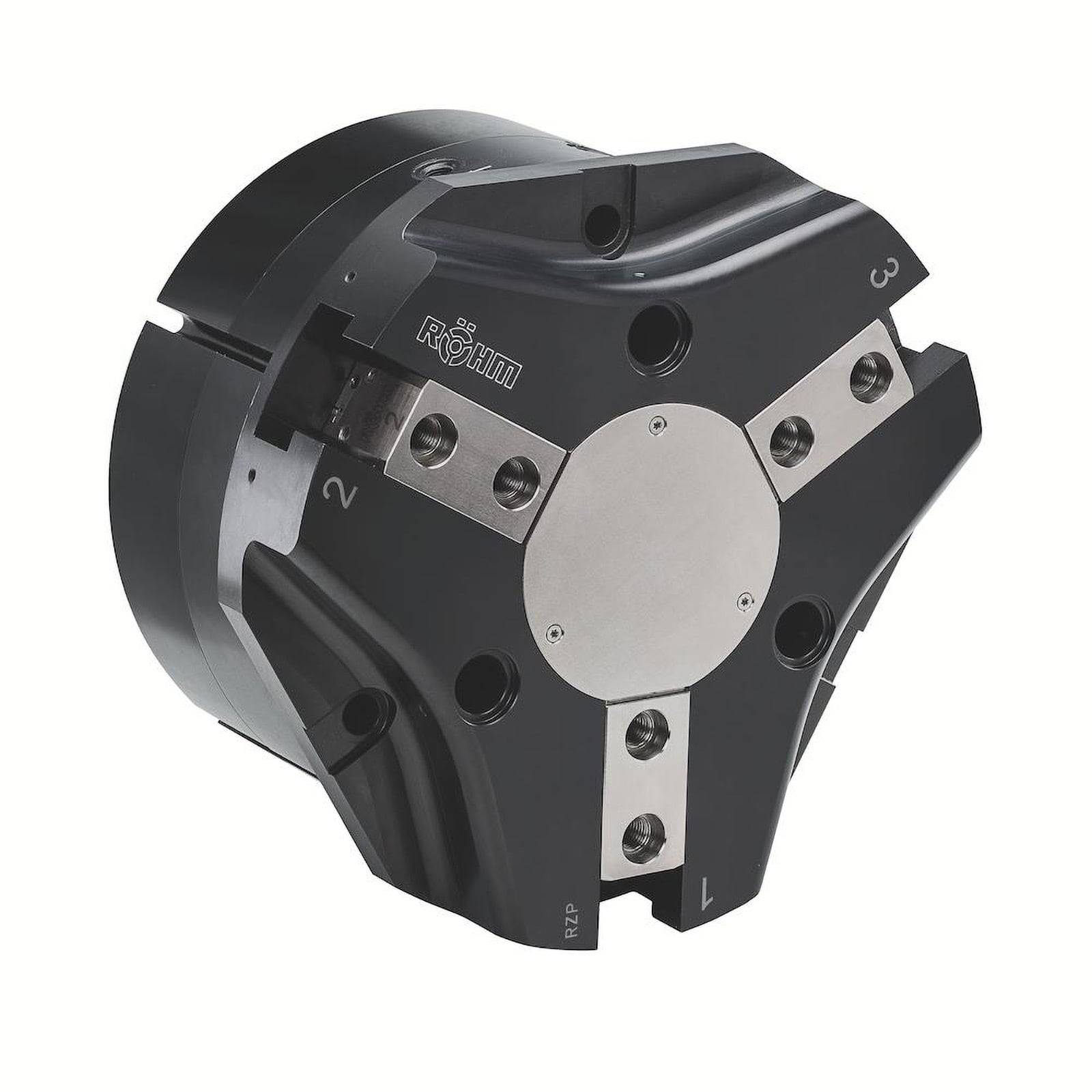 Röhm RZM Drei-Backen-Spannfutter, schwarzes Metall, mit versilberter Mitte und nummerierten Backen zum Werkstückhalten bei Bearbeitungsvorgängen.