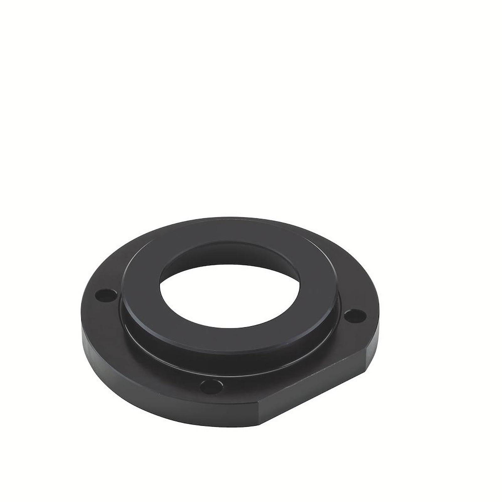 Ein schwarzer, kreisförmiger mechanischer Flansch mit vier Schraubenlöchern, der zum Befestigen einer Rohrleitung oder eines Maschinenteils verwendet wird.
