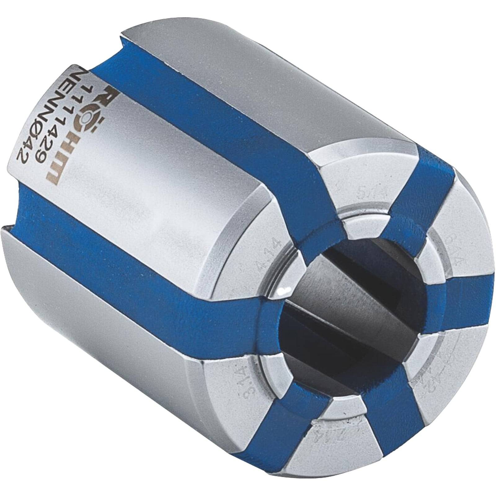 Ein zylindrisches Metallwerkzeugteil mit blauen Bereichen und Beschriftungen, möglicherweise eine Spannzange, die zum Sichern von Werkzeugen oder Werkstücken verwendet wird.