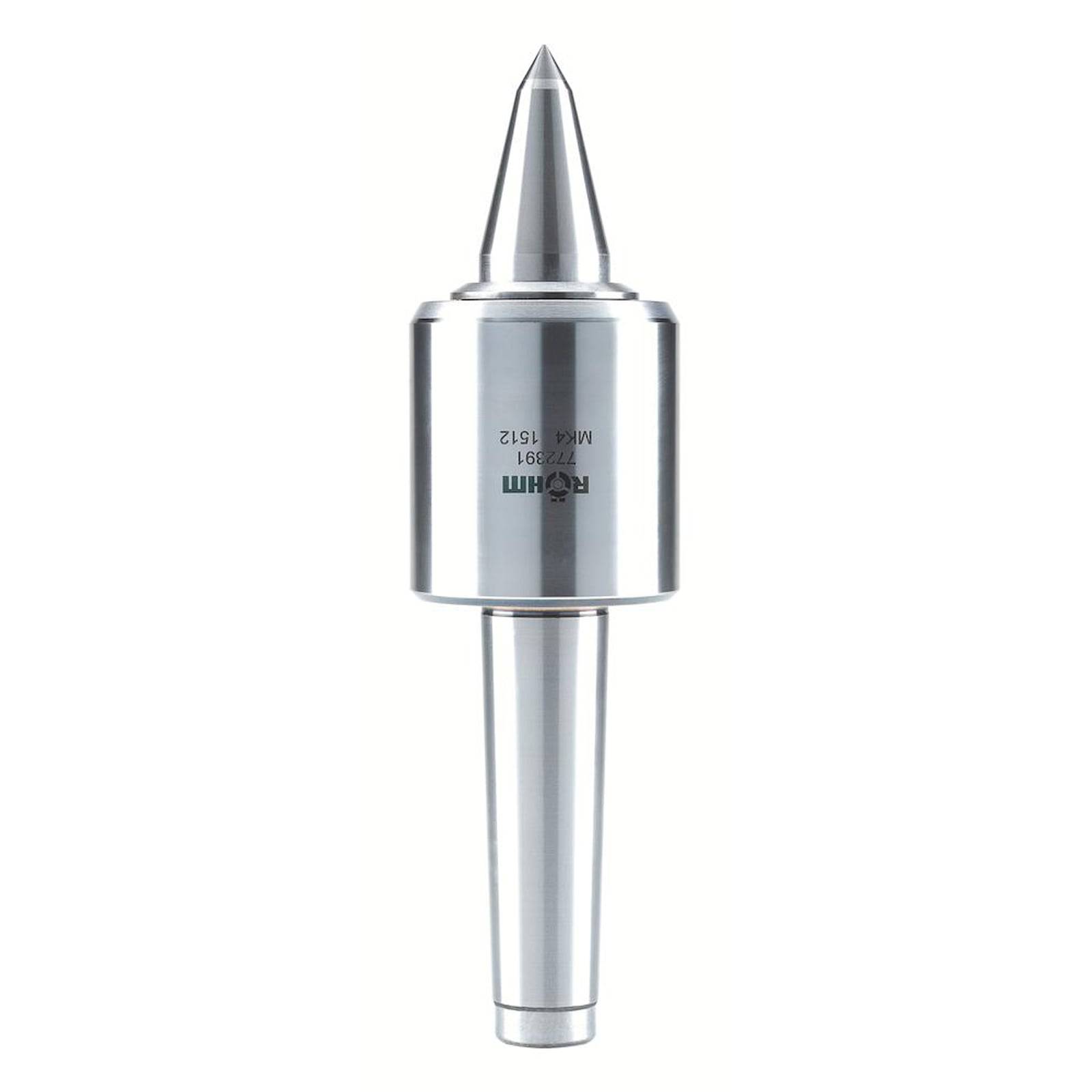 Ein glänzendes, metallisches Werkzeug mit einer spitzen Spitze und zylindrischer Basis, das einem Präzisions-Drehzentrum für Bearbeitungszwecke ähnelt.