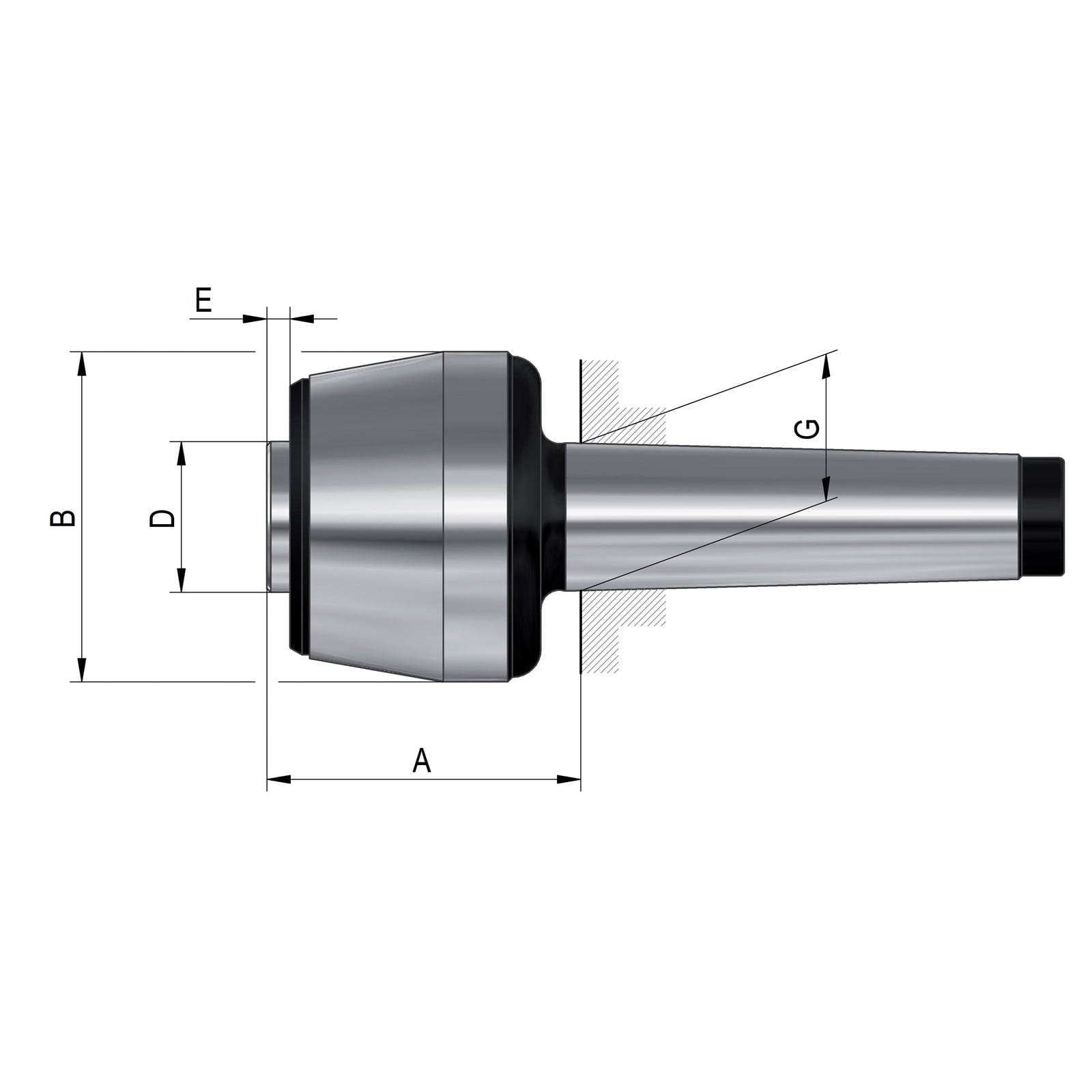 Technische Abbildung eines Metallbearbeitungswerkzeugs mit gekennzeichneten Abmessungen: A, B, D, E, G. Zeigt detaillierte Seitenansicht und Querschnitt.