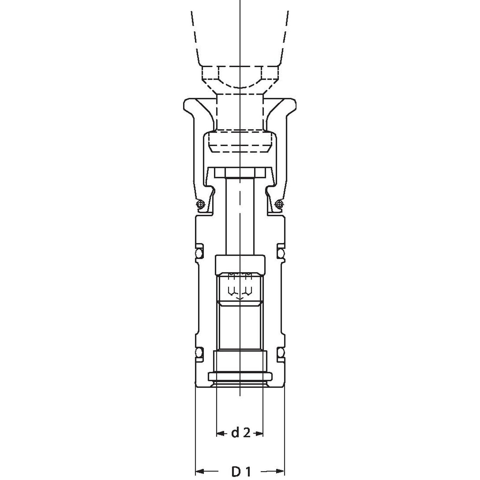 Technische Zeichnung einer hydraulischen Verschraubung, die eine Querschnittsansicht mit sichtbaren inneren Komponenten zeigt, mit beschrifteten Durchmessern d1 und d2.