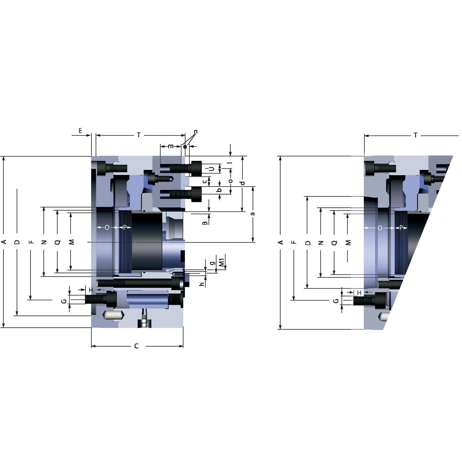 Technisches Diagramm einer mechanischen Komponente mit beschrifteten Abmessungen, das Abschnitte und Messungen zur technischen Analyse zeigt.
