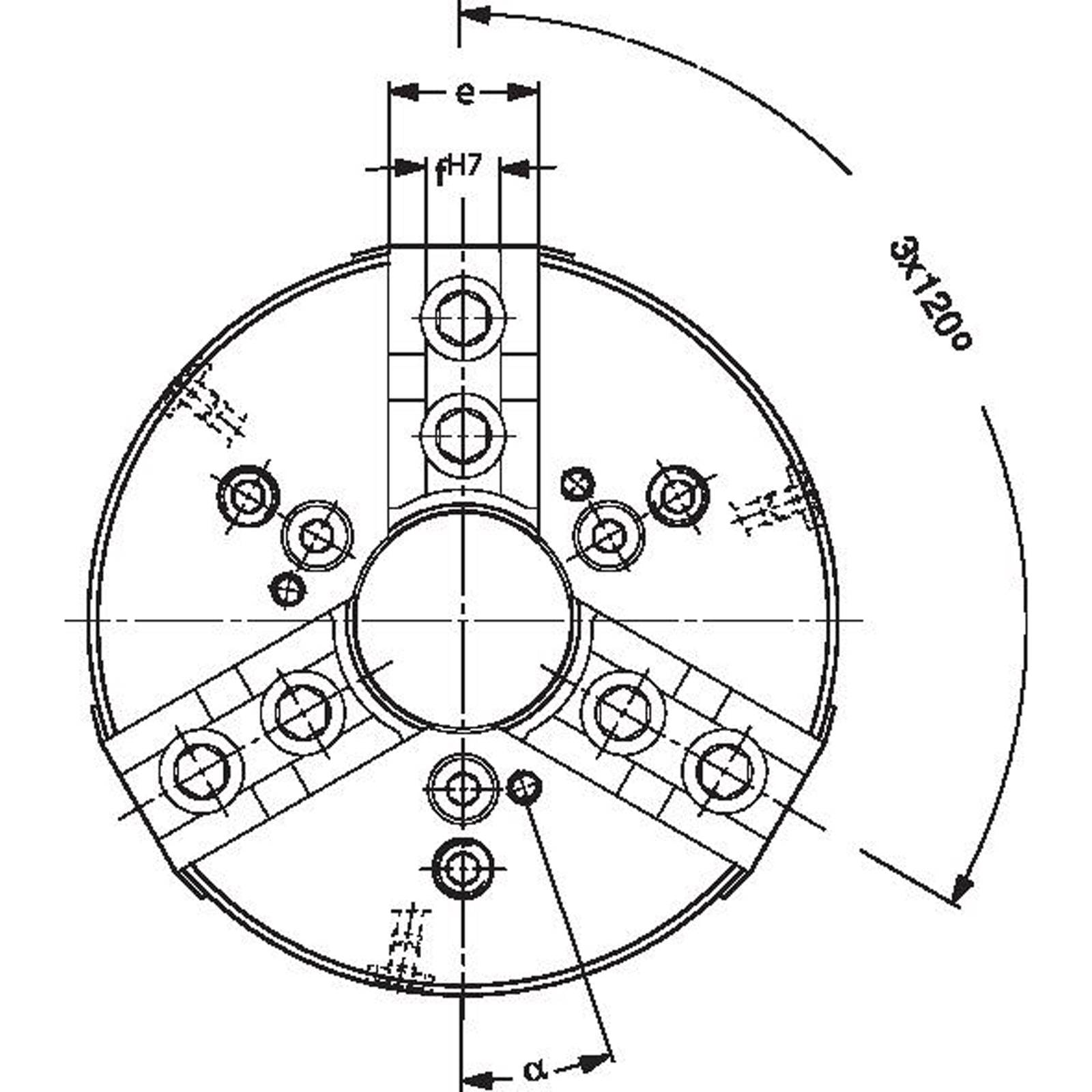 Technische Zeichnung eines kreisförmigen mechanischen Teils mit beschrifteten Abmessungen und Winkeln für präzise Fertigungsmessungen.