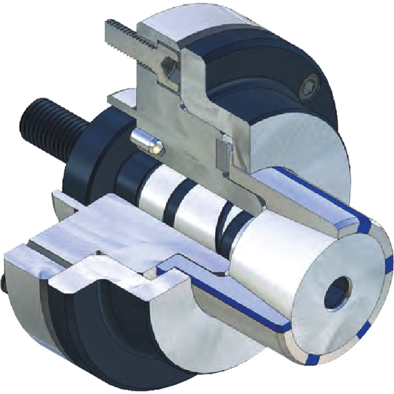 Illustration einer mechanischen Kopplungsanordnung, die ineinandergreifende Teile zur Übertragung von Rotationsbewegungen in Maschinen zeigt.