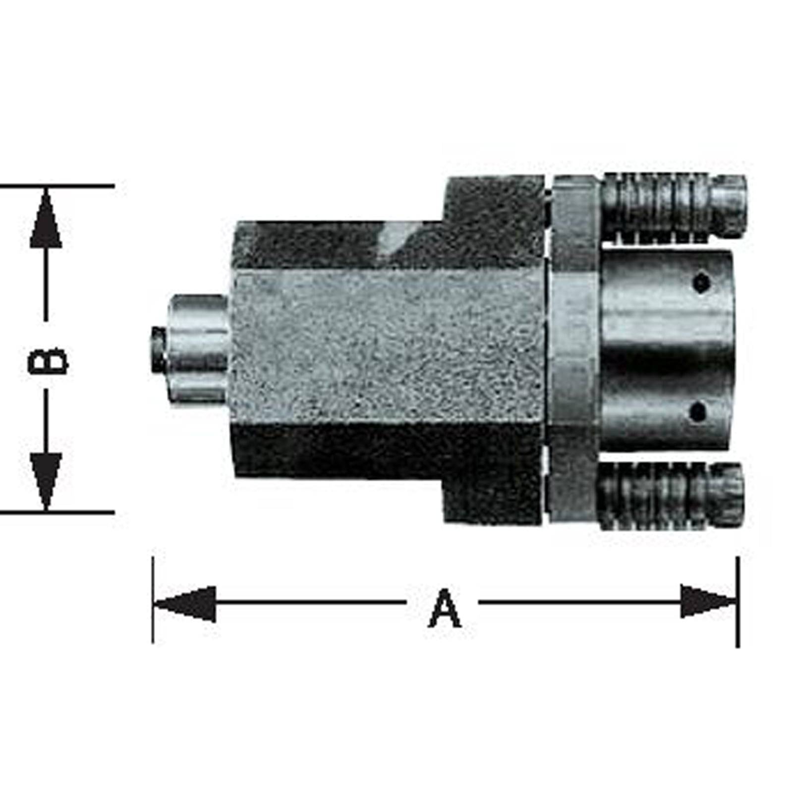 Diagramm eines mechanischen Bauteils mit zwei Bolzen und zylindrischen Abschnitten. Abmessungen markiert als A (Breite) und B (Höhe).