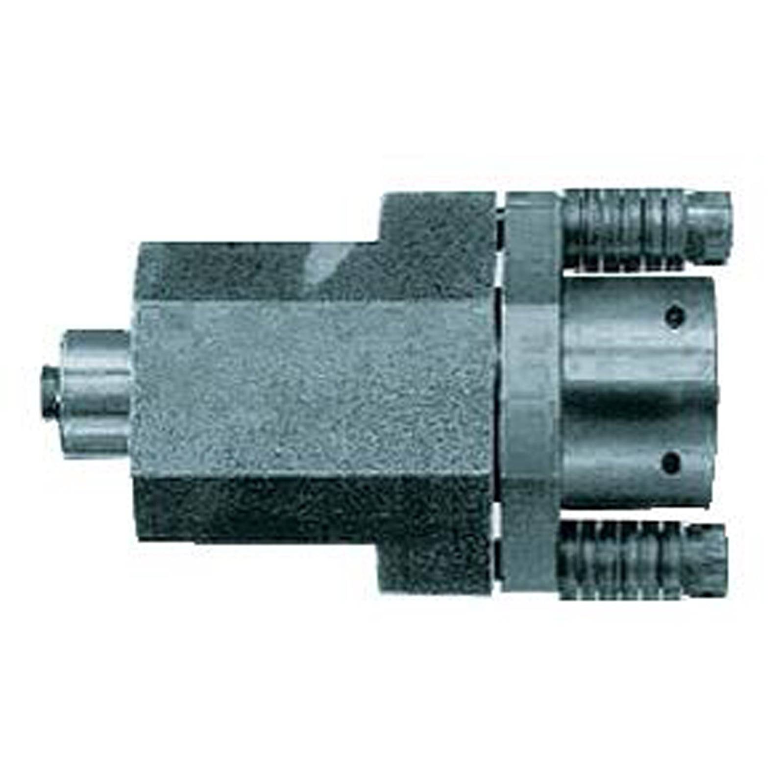 Ein silberner und schwarzer mechanischer Spannfutter mit zylindrischem Design, das zum sicheren Halten von Werkzeugen oder Werkstücken in industriellen Anwendungen verwendet wird.