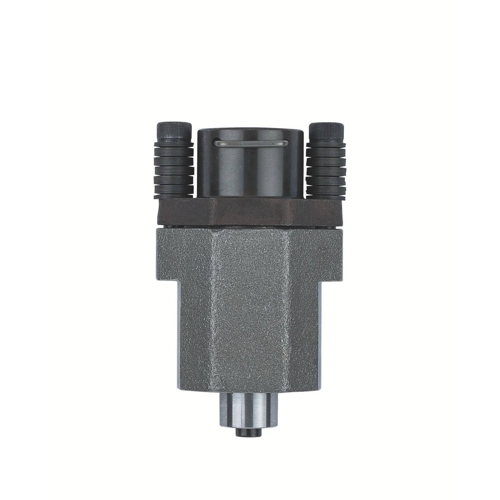 Eine metallische hydraulische Komponente mit einem zylindrischen Oberteil und einer sechseckigen Basis, mit zwei schraubenähnlichen Strukturen an den Seiten.