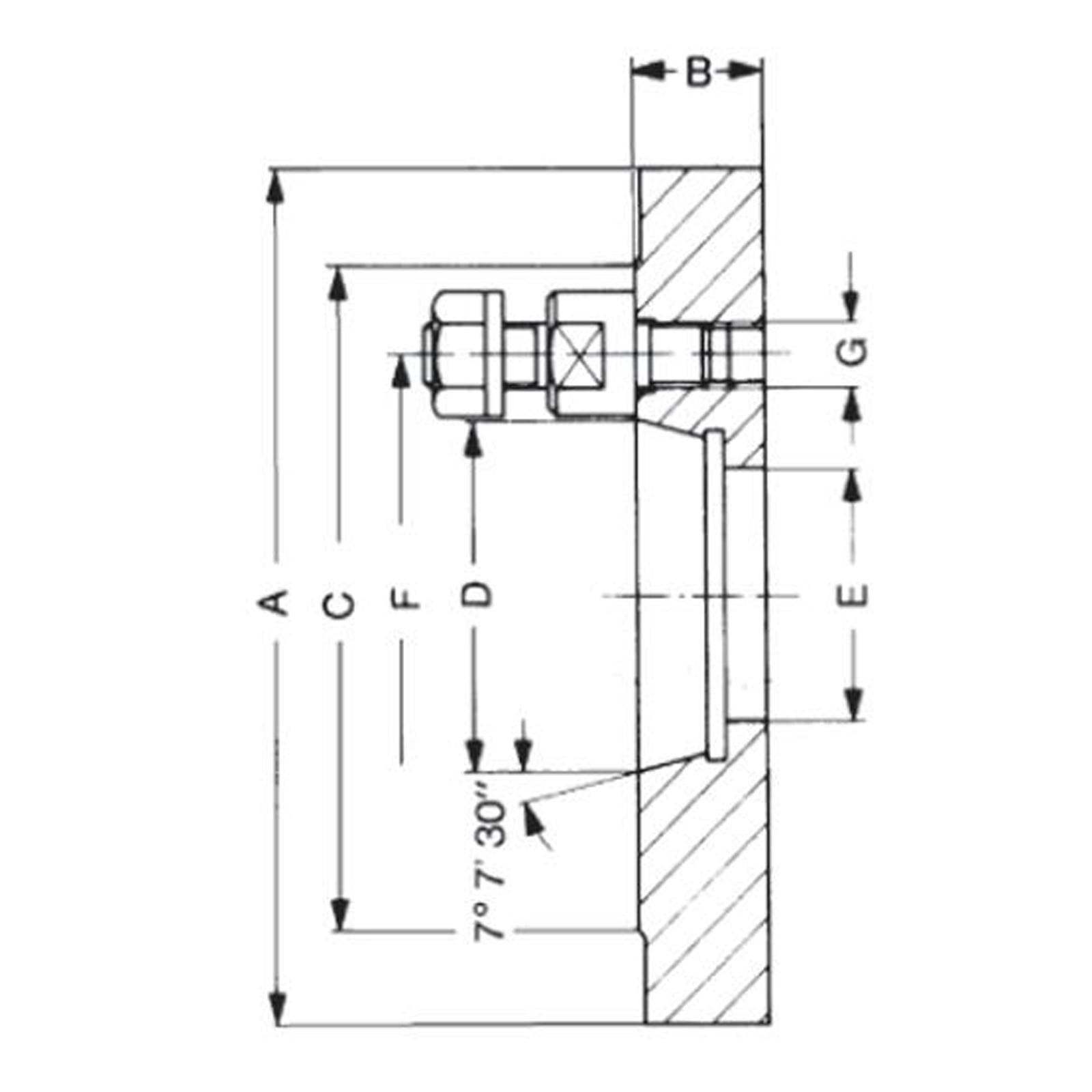 Technische Zeichnung eines Maschinenteils mit beschrifteten Abmessungen A-G, mit einem 7°30'-Winkelelement und einem Gewindeverbinder oben.