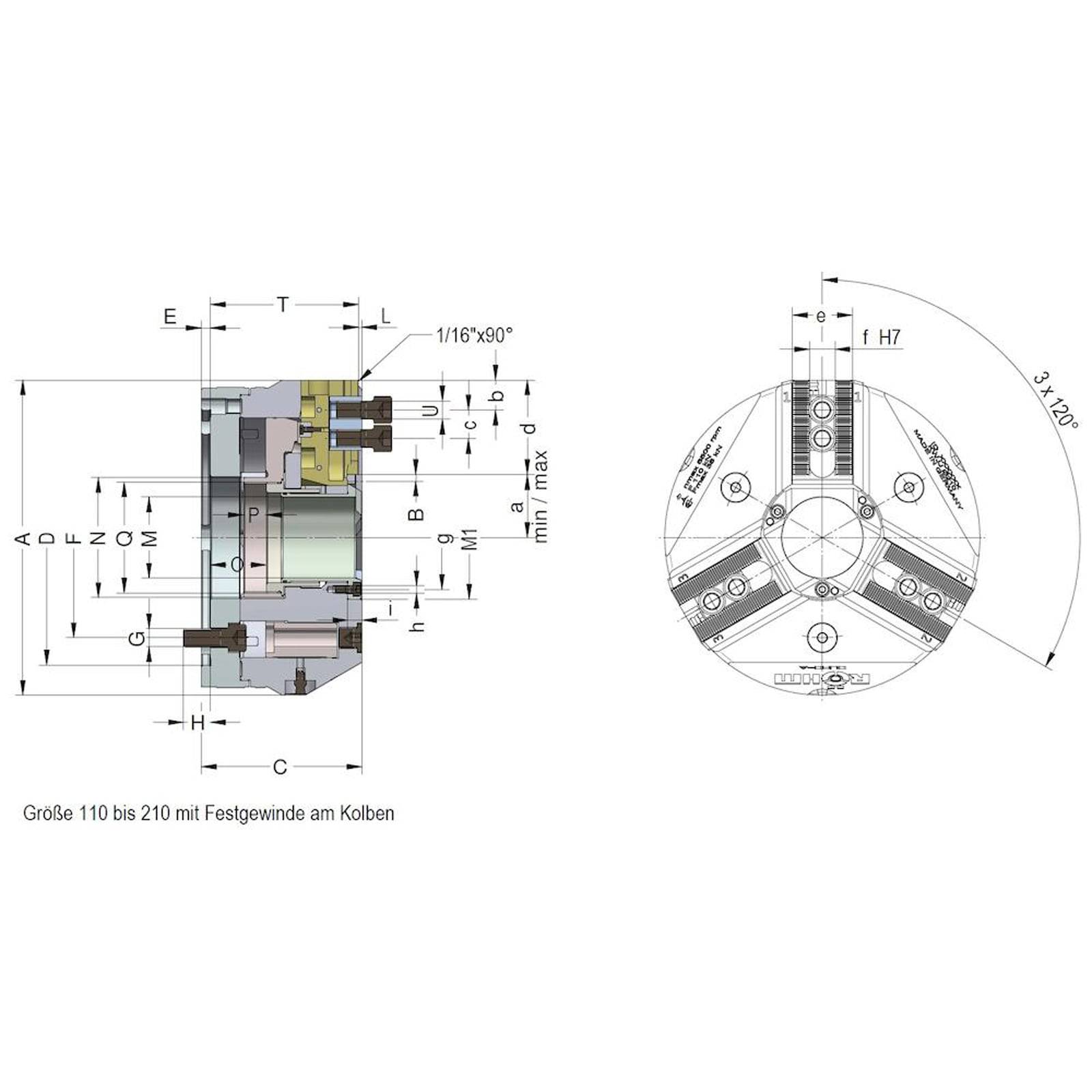 Technische Zeichnung mit Abmessungen und Schnitten einer mechanischen Komponente mit beschrifteten Maßen und Anmerkungen in Deutsch.