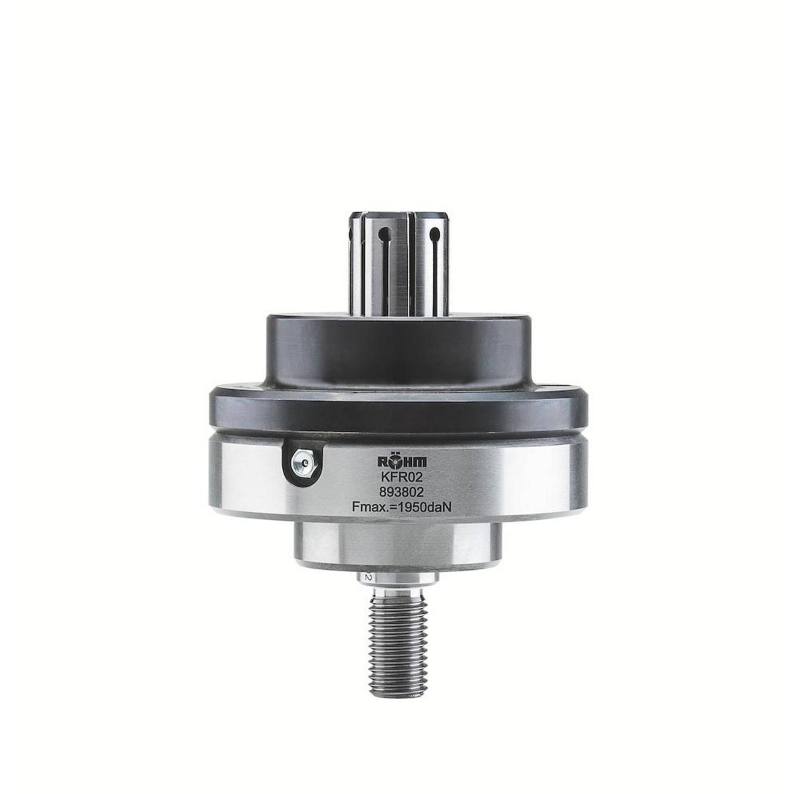 Ein Metallmechanikteil mit zylindrischer Form, identifiziert als RÖHM KF702, mit Spezifikationen für Rotation und Befestigung.