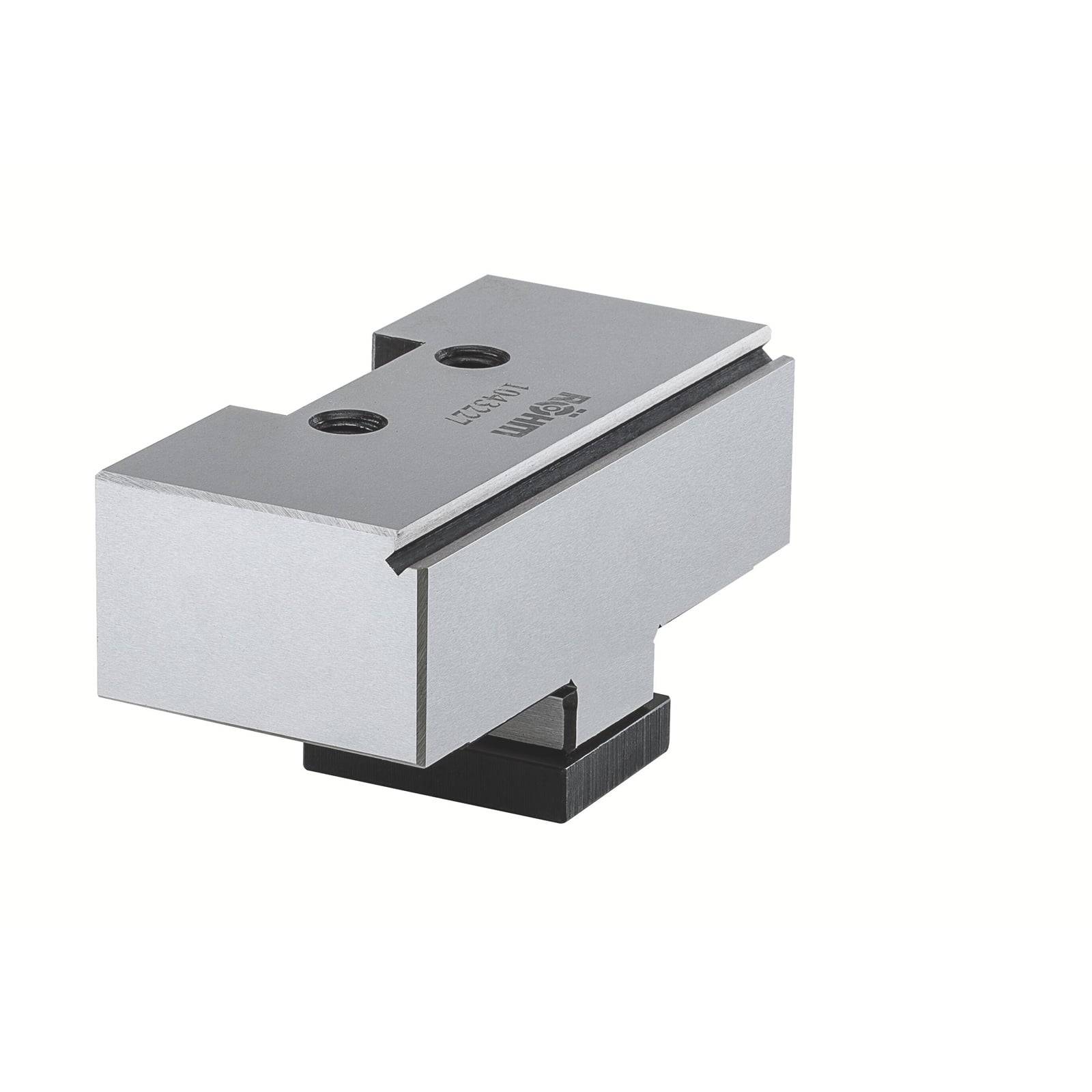 Ein metallischer Präzisionschraubstock mit zwei Schrauben oben, verwendet zum sicheren Festhalten von Objekten während Bearbeitungs- oder Inspektionsaufgaben.