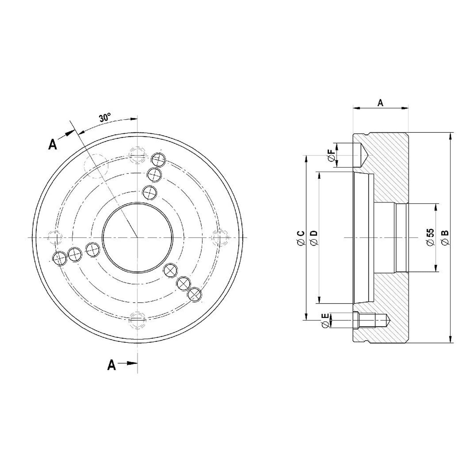 Technische Zeichnung eines Maschinenteils mit Schnittdarstellung. Enthält Abmessungen, Winkel und Konstruktionsvorgaben für die Fertigung.