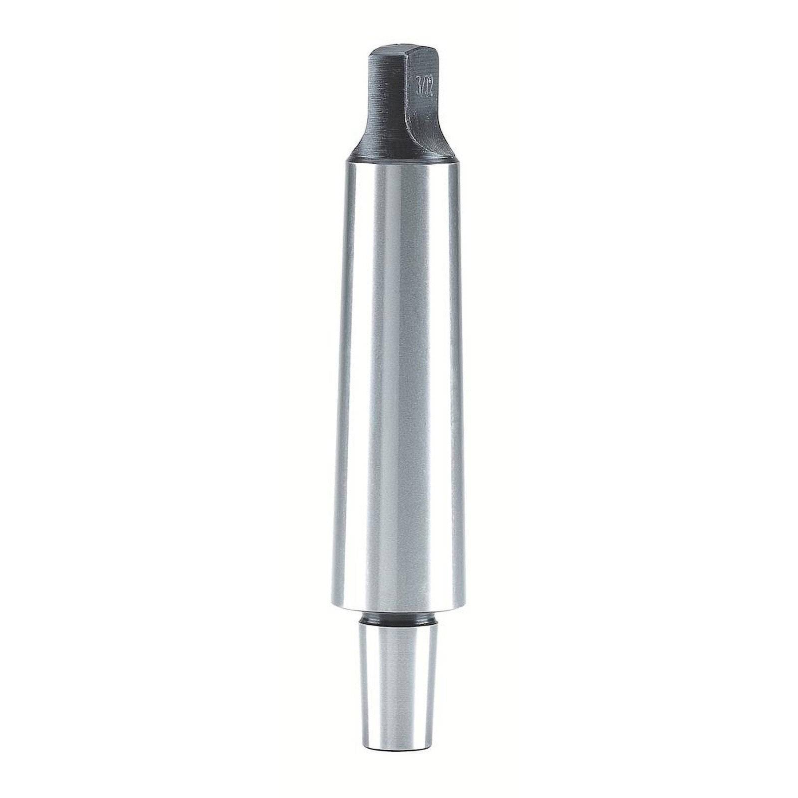 Ein silbernes und schwarzes Metallinstrument mit verjüngtem Ende, möglicherweise ein Bohrer oder Maschinenteil, vor weißem Hintergrund dargestellt.